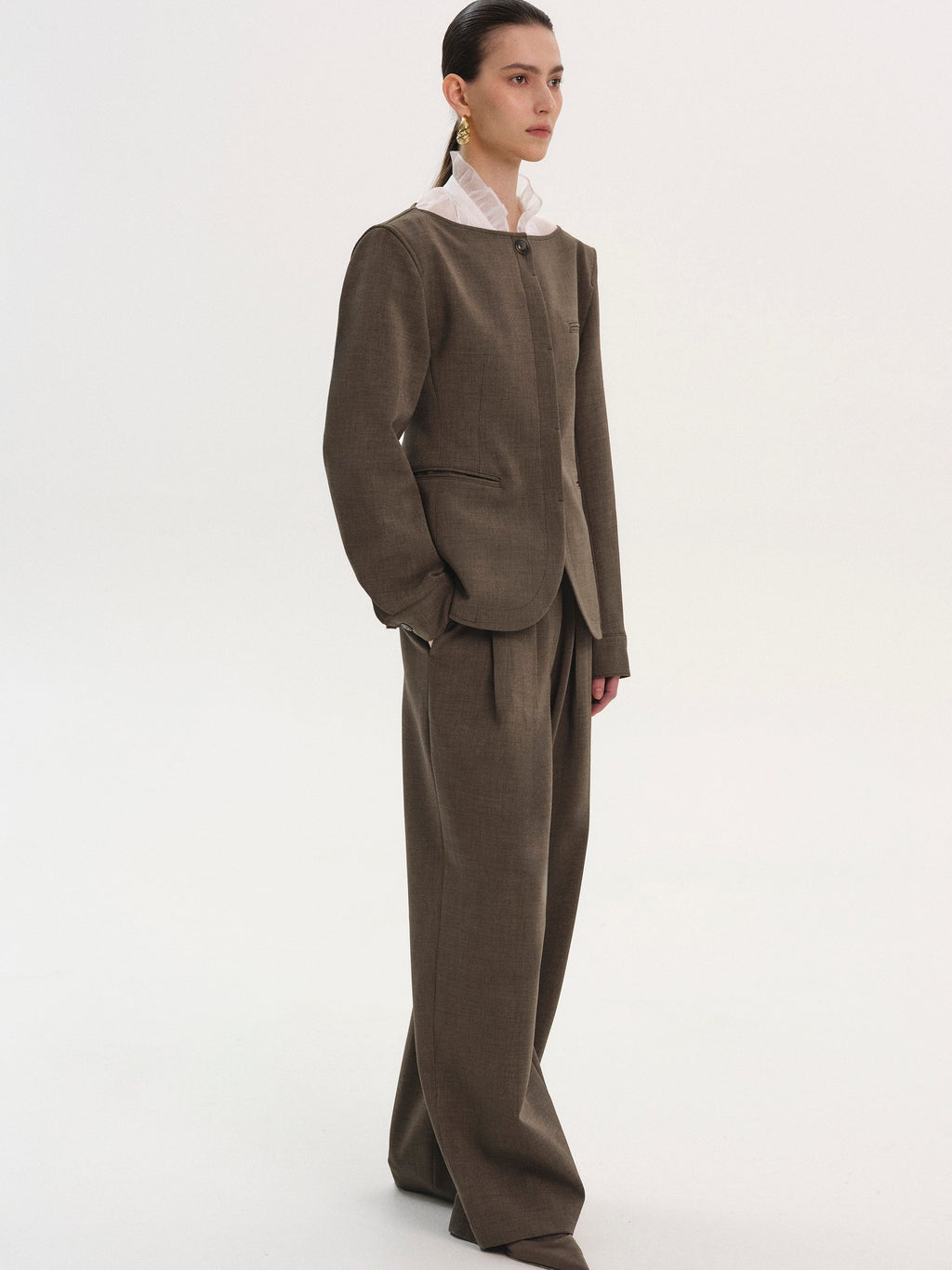 Boat Neck Cinched Blazer, Brown