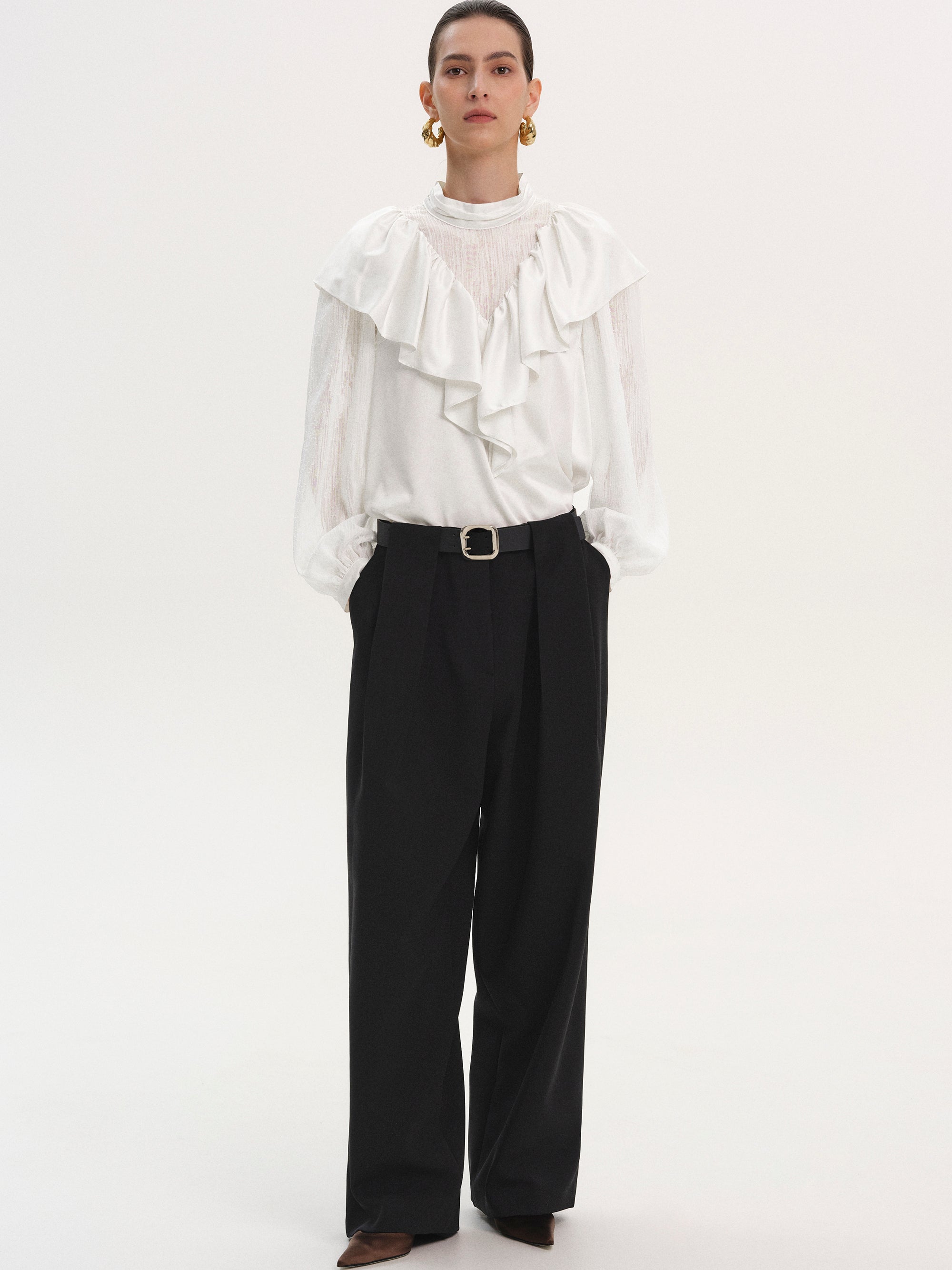 Flounce-Trimmed Blouse, White