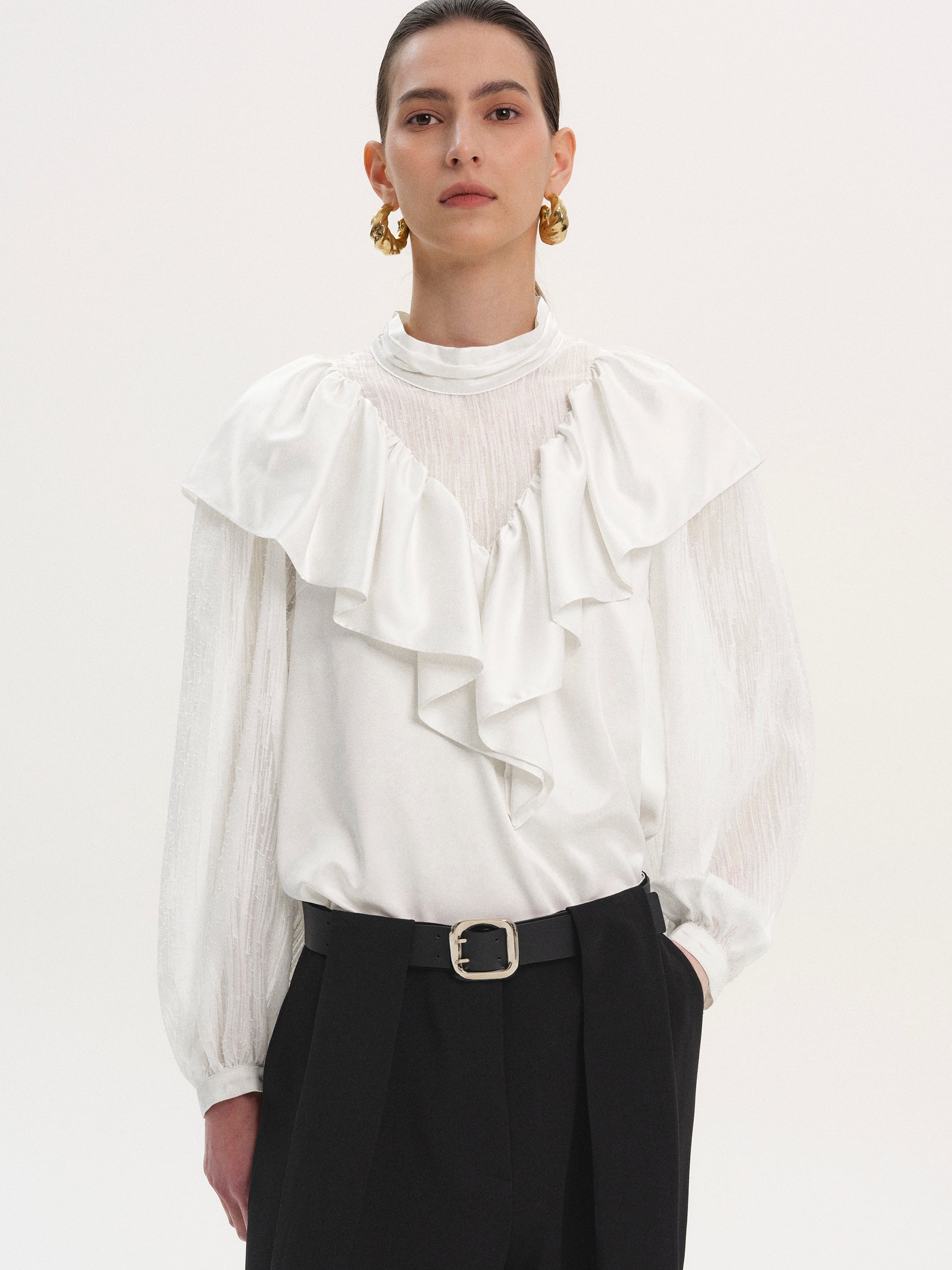 Flounce-Trimmed Blouse, White