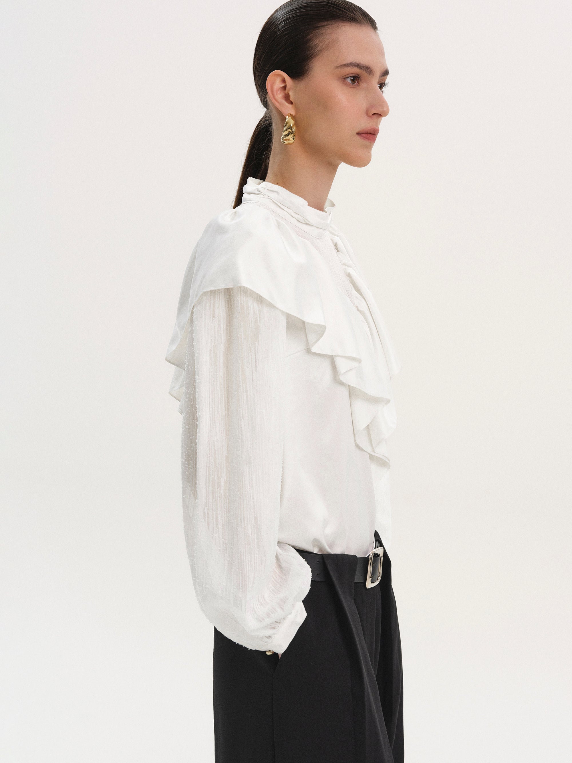 Flounce-Trimmed Blouse, White