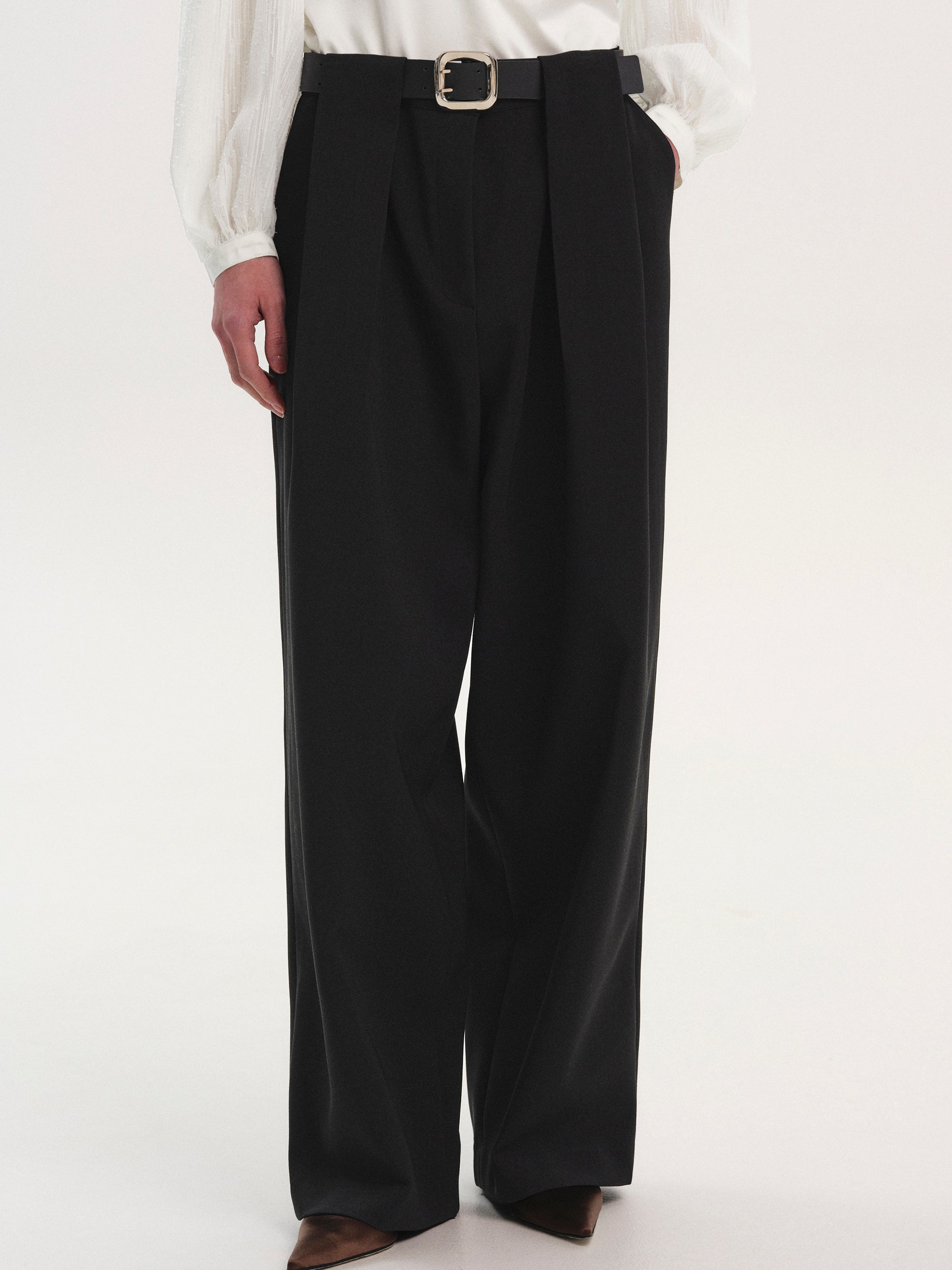 Belted Tuck Trousers, Black