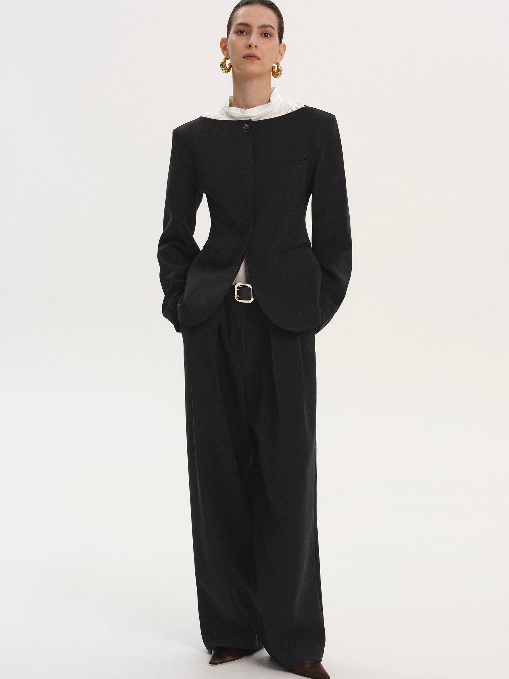 Boat Neck Cinched Blazer, Black