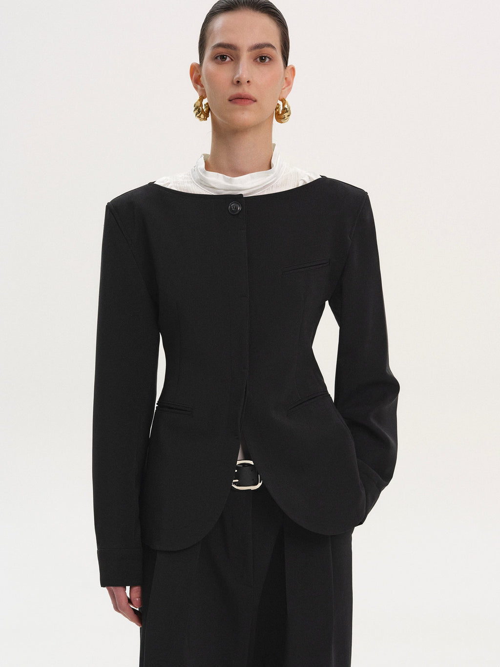 Boat Neck Cinched Blazer, Black