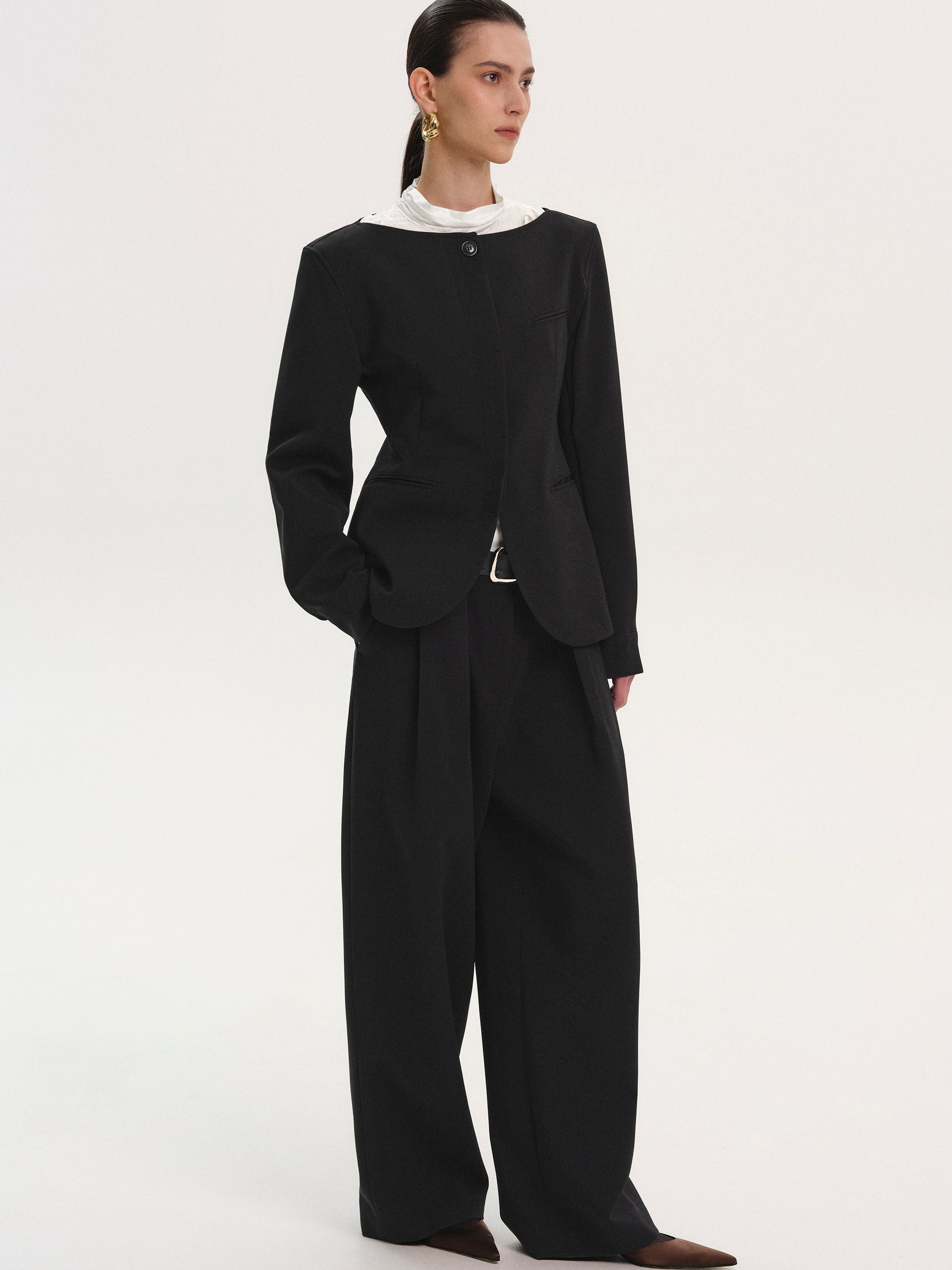 Boat Neck Cinched Blazer, Black
