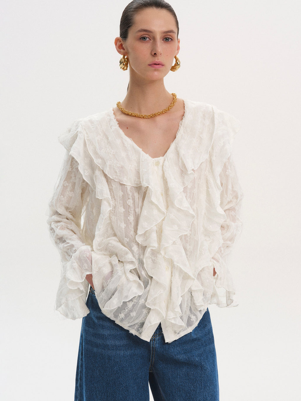 Ruffle Georgette Blouse, Ivory
