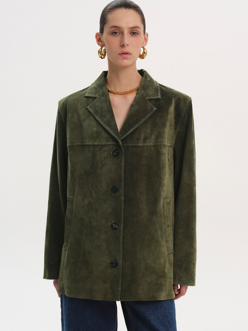 Single-Breasted Suede Blazer, Khaki