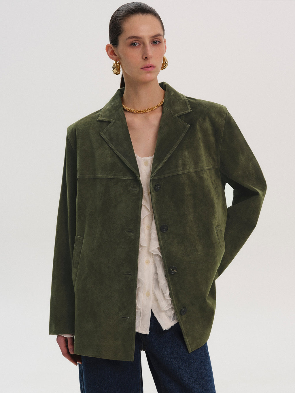 Single-Breasted Suede Blazer, Khaki