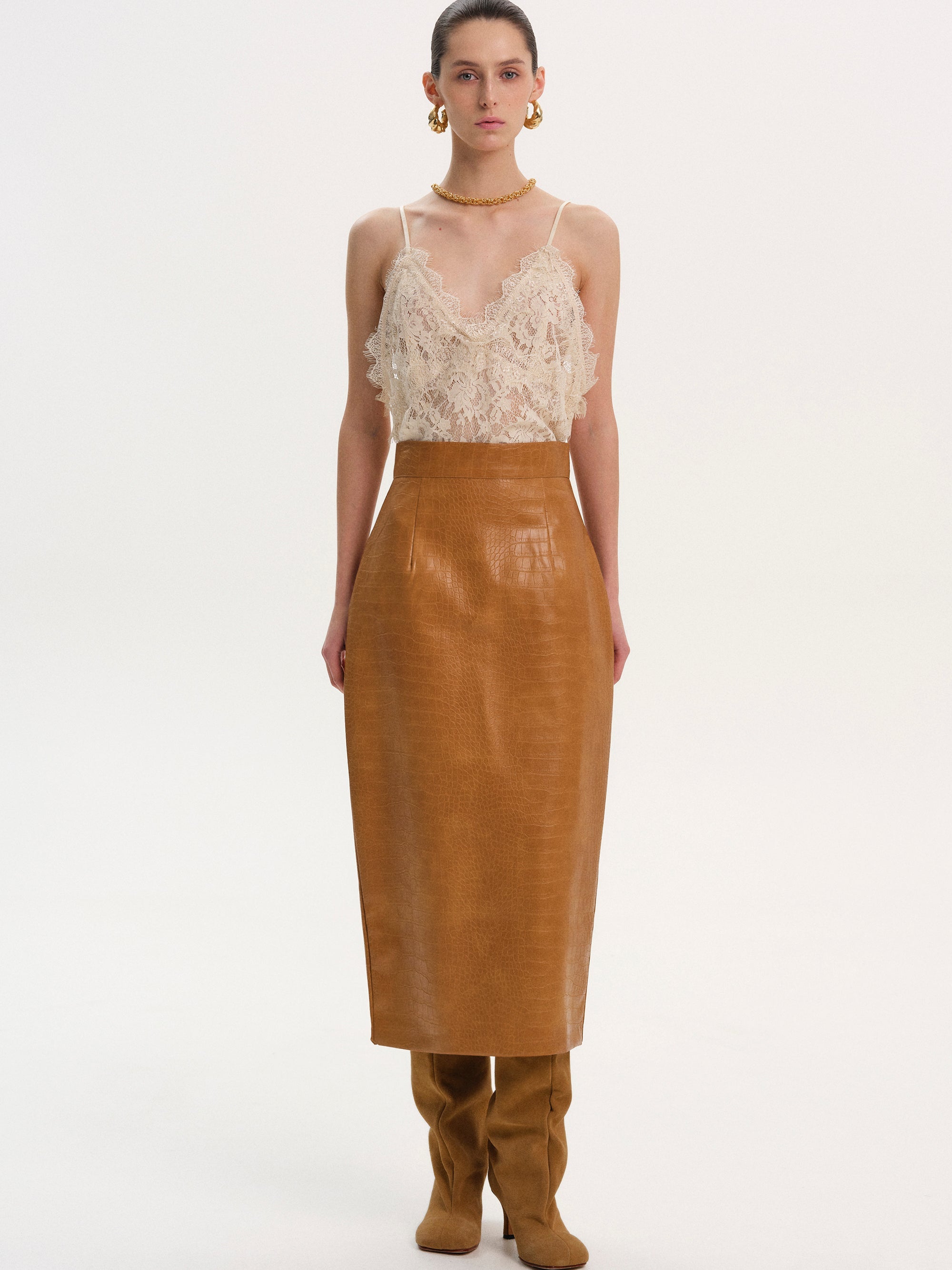 Faux-Leather Pencil Skirt, Brown