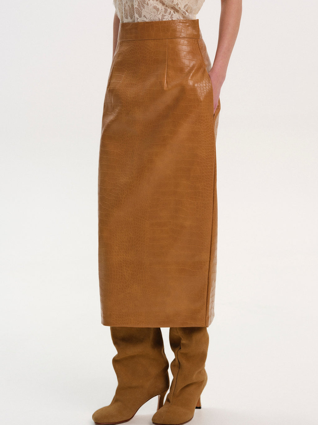 Faux-Leather Pencil Skirt, Brown