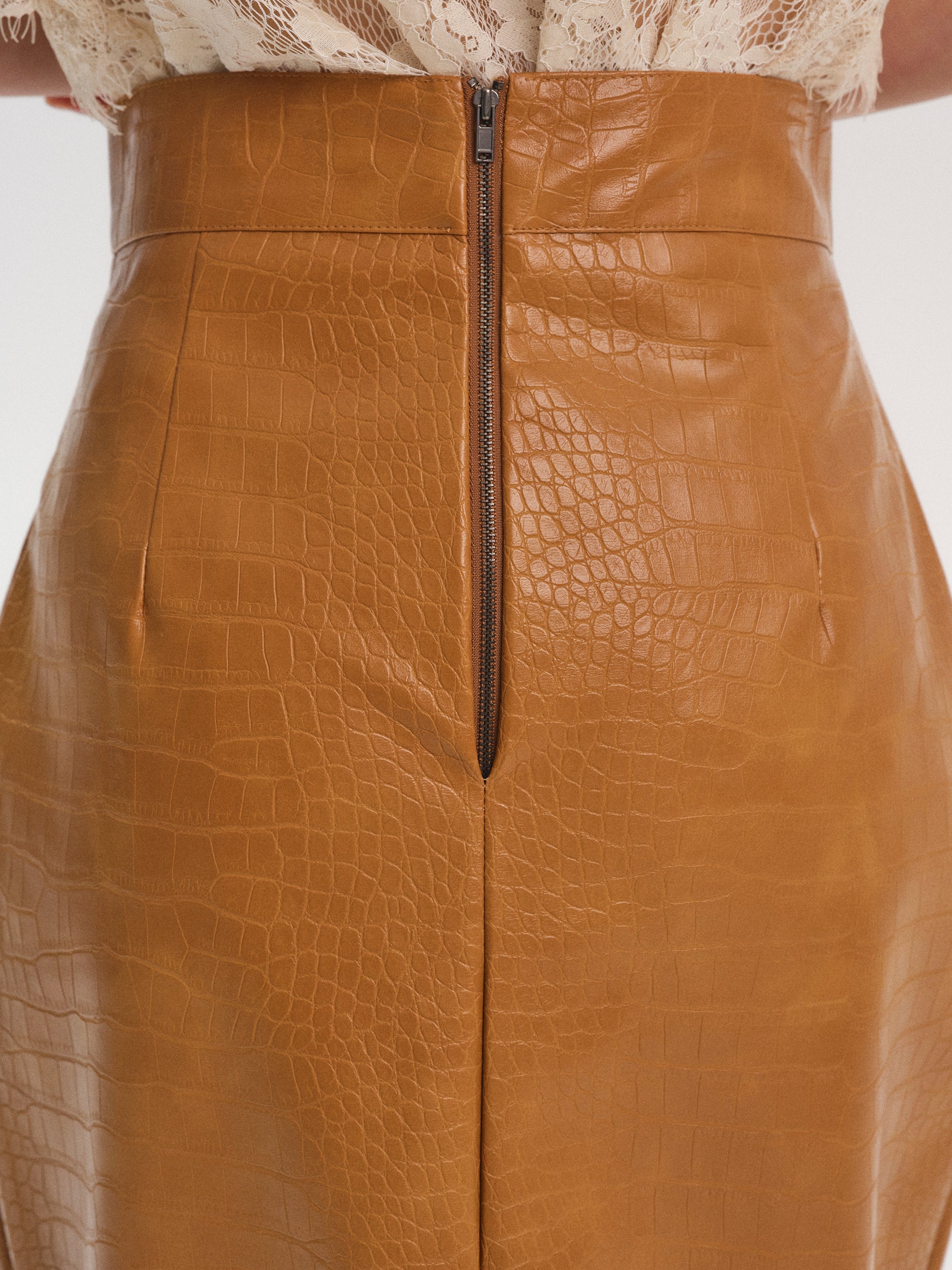 Faux-Leather Pencil Skirt, Brown