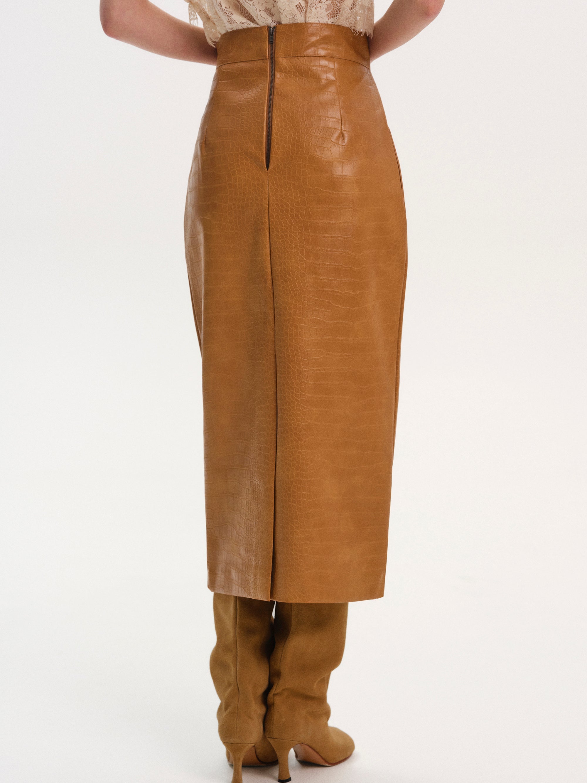 Faux-Leather Pencil Skirt, Brown