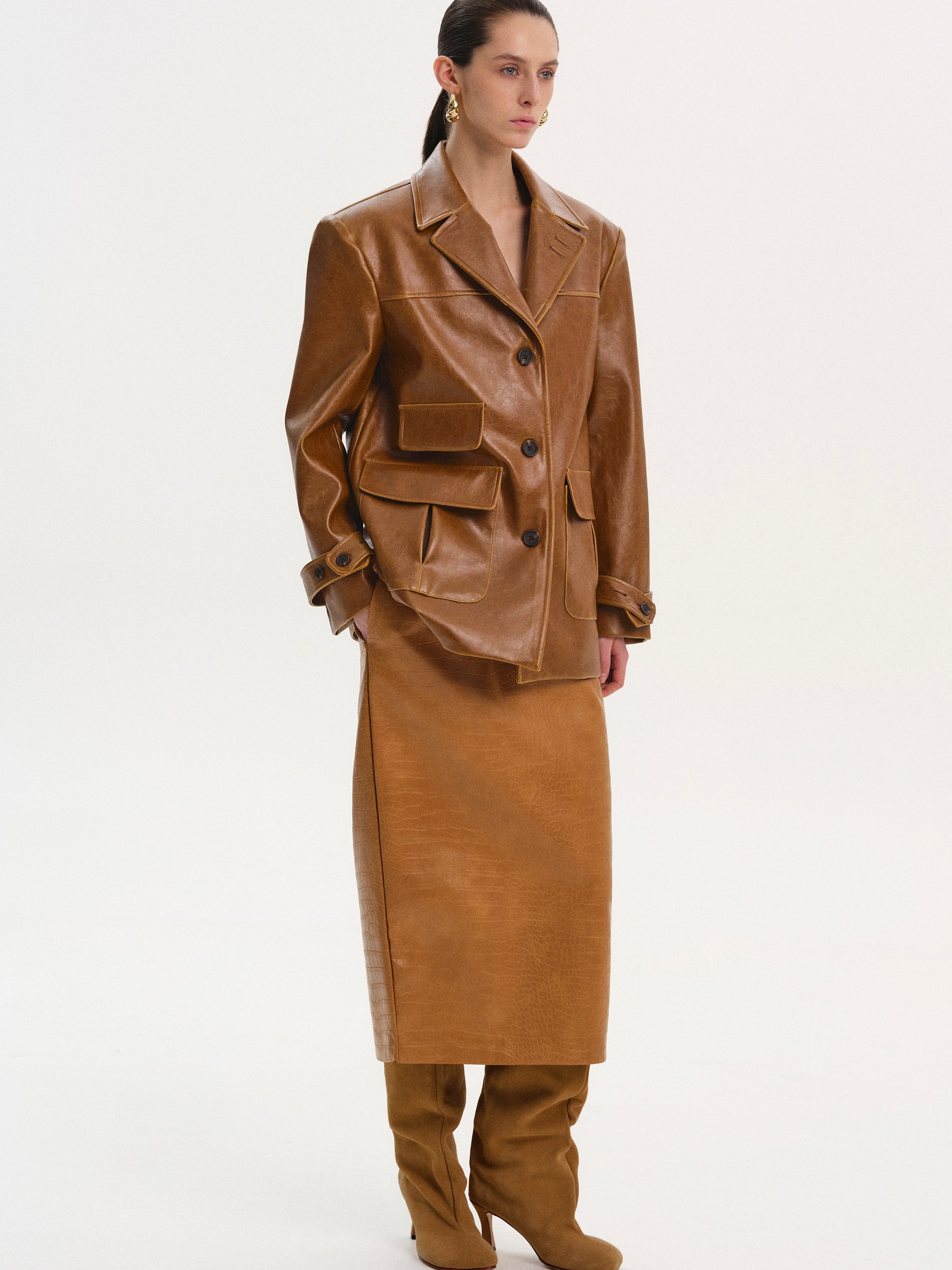 Longline Faux-Leather Jacket, Brown
