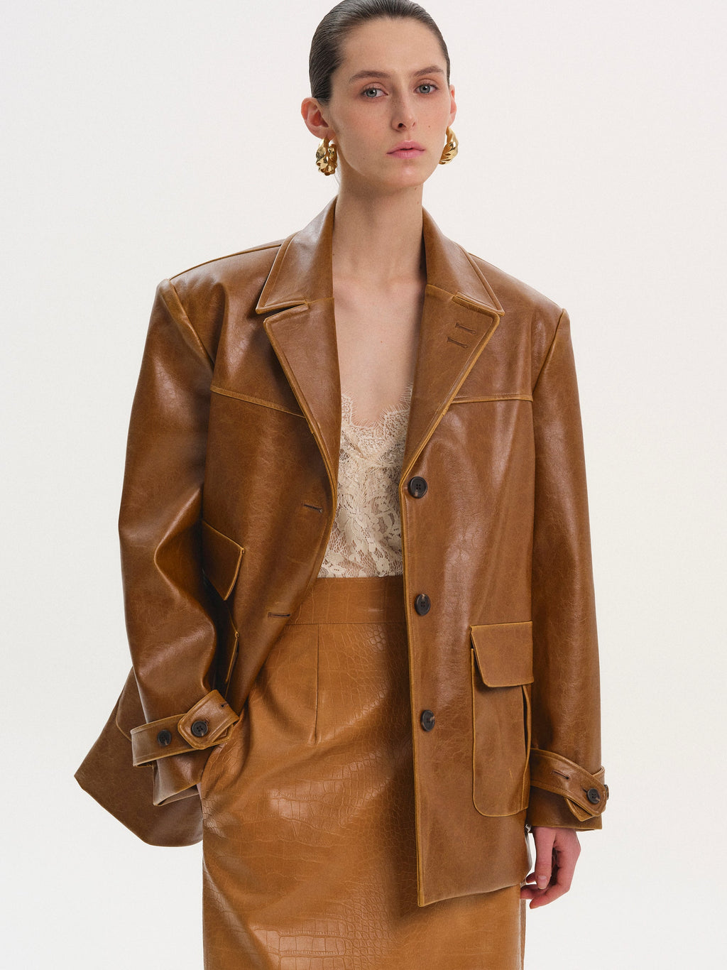 Longline Faux-Leather Jacket, Brown