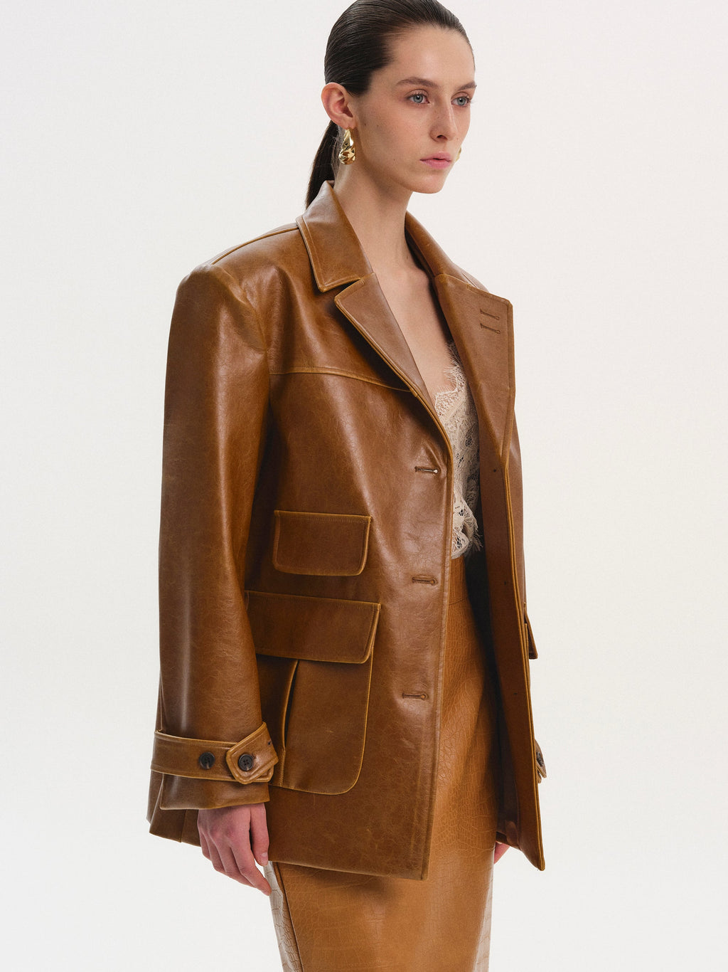 Longline Faux-Leather Jacket, Brown