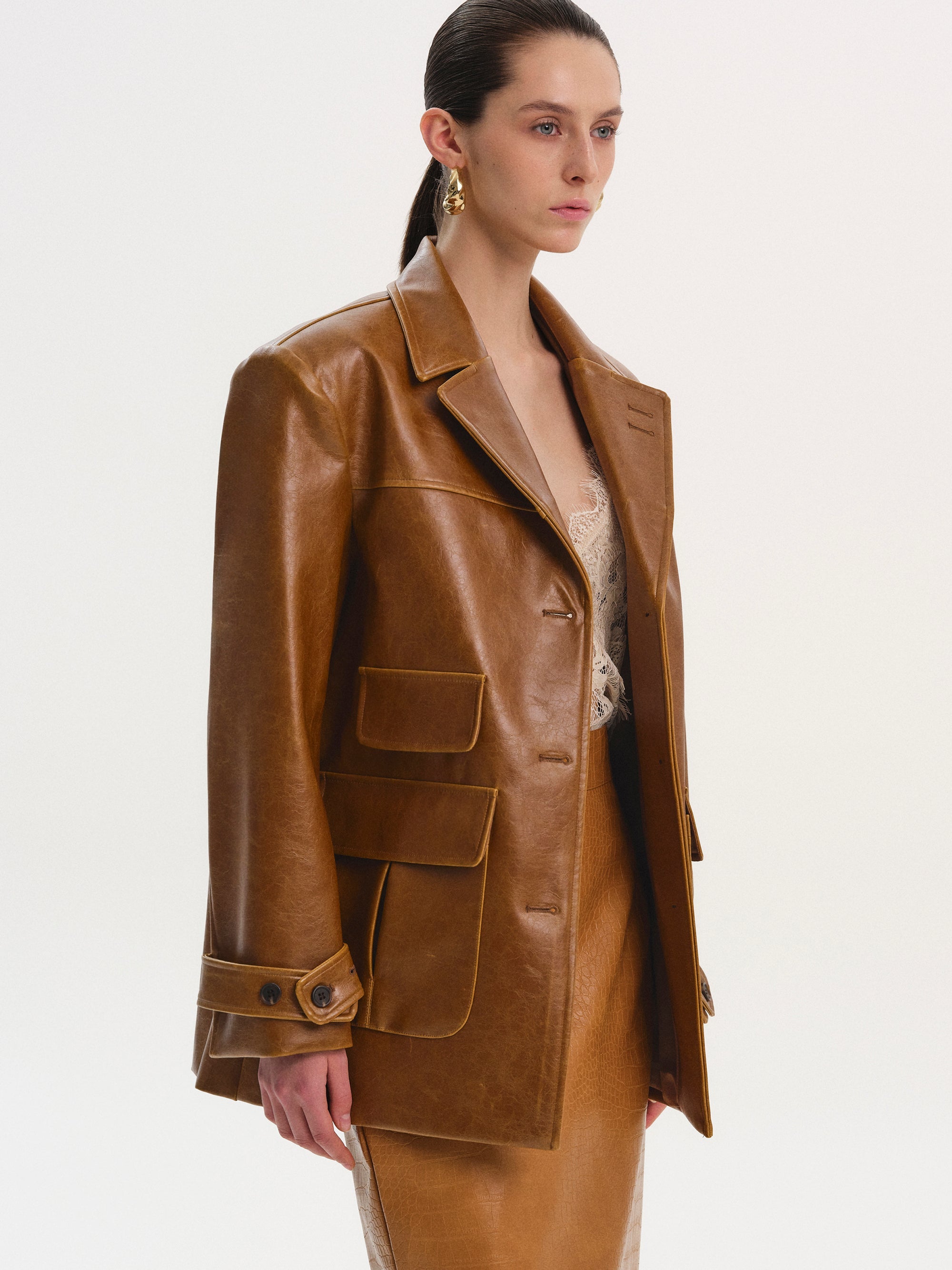 Longline Faux-Leather Jacket, Brown