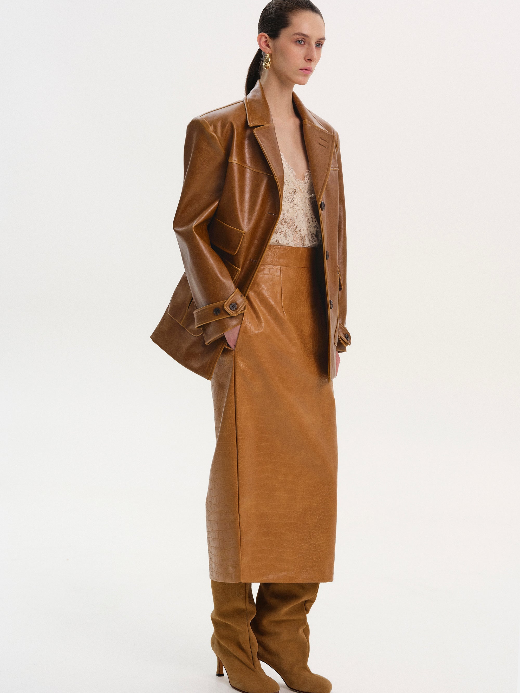 Longline Faux-Leather Jacket, Brown
