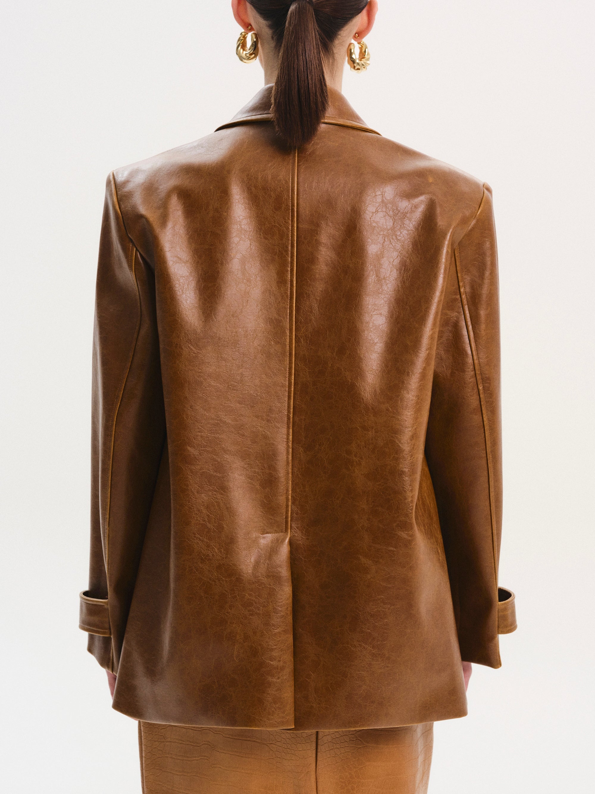 Longline Faux-Leather Jacket, Brown