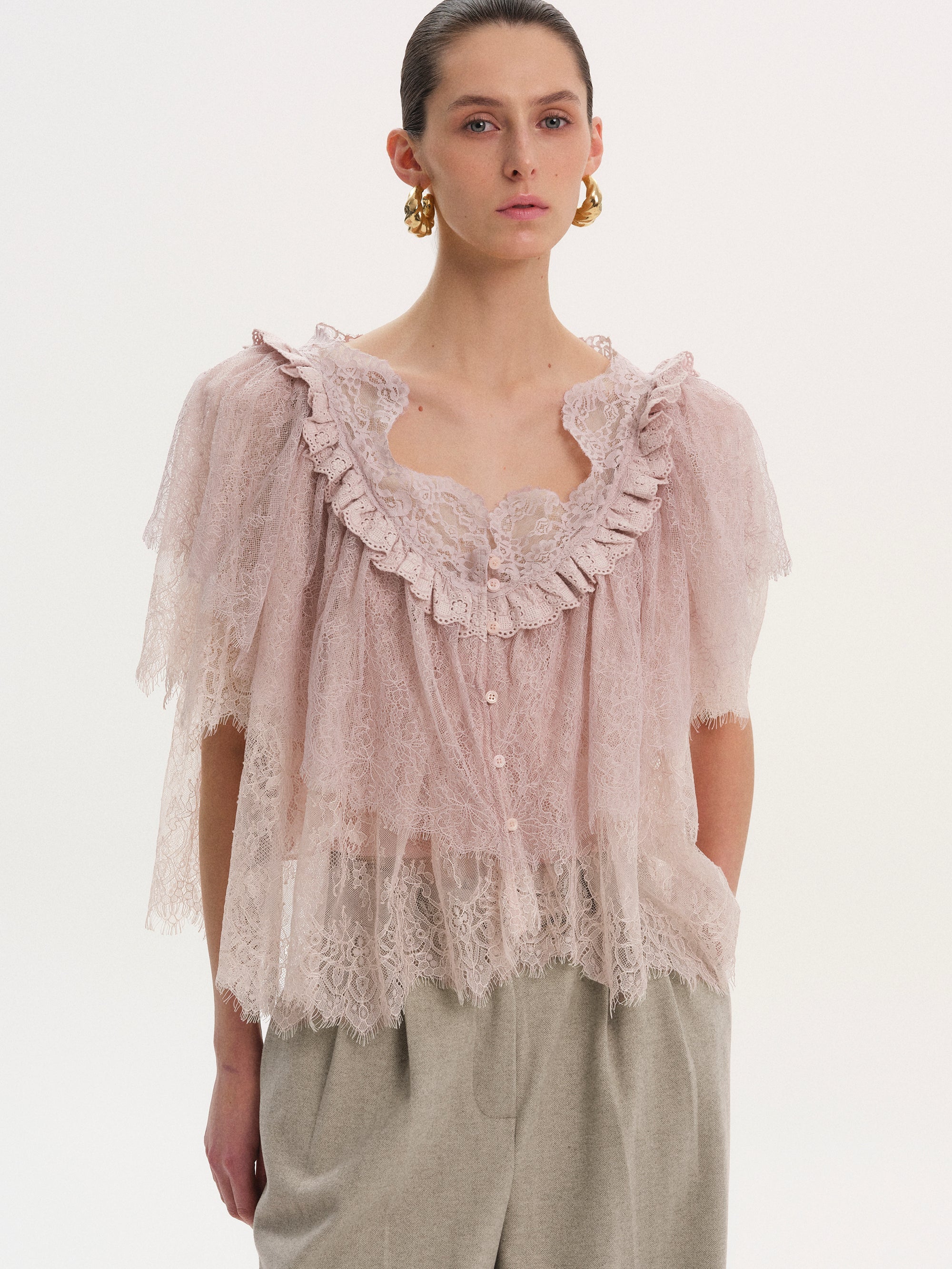 Lace Tiered Blouse, Pink