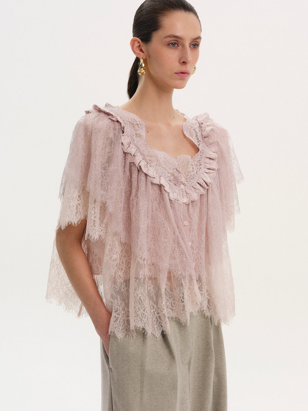 Lace Tiered Blouse, Pink