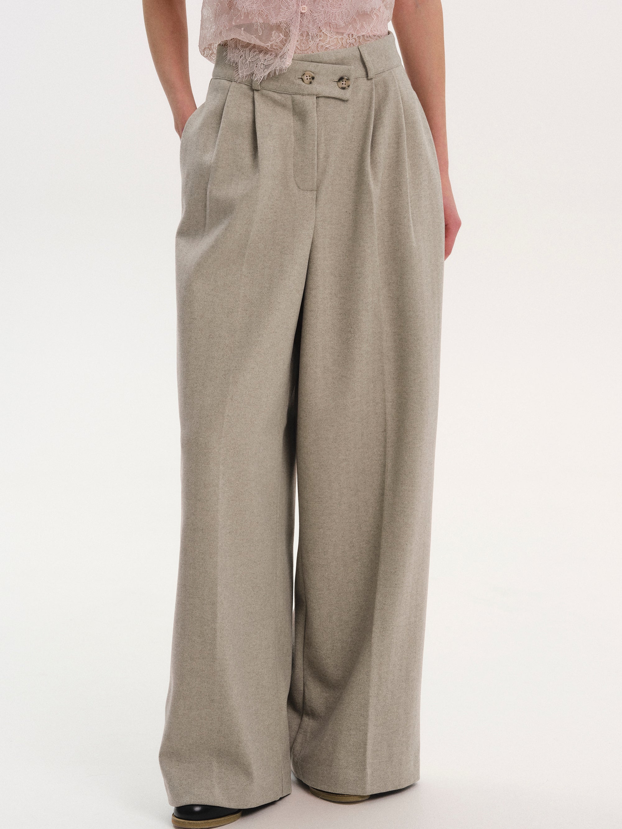Wrap Button Trousers, Taupe