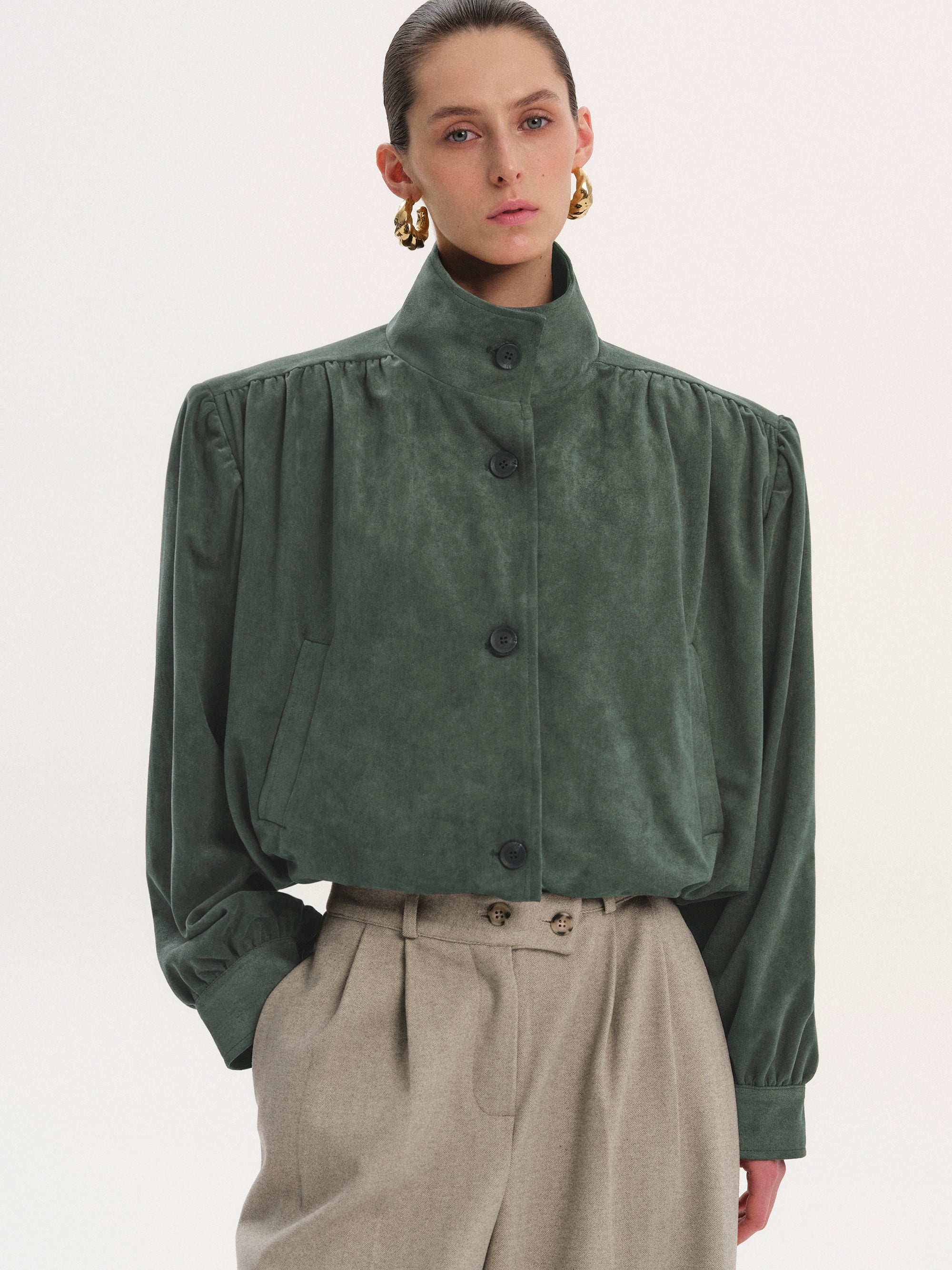 Ruched Suede Bomber, Taupe Grey