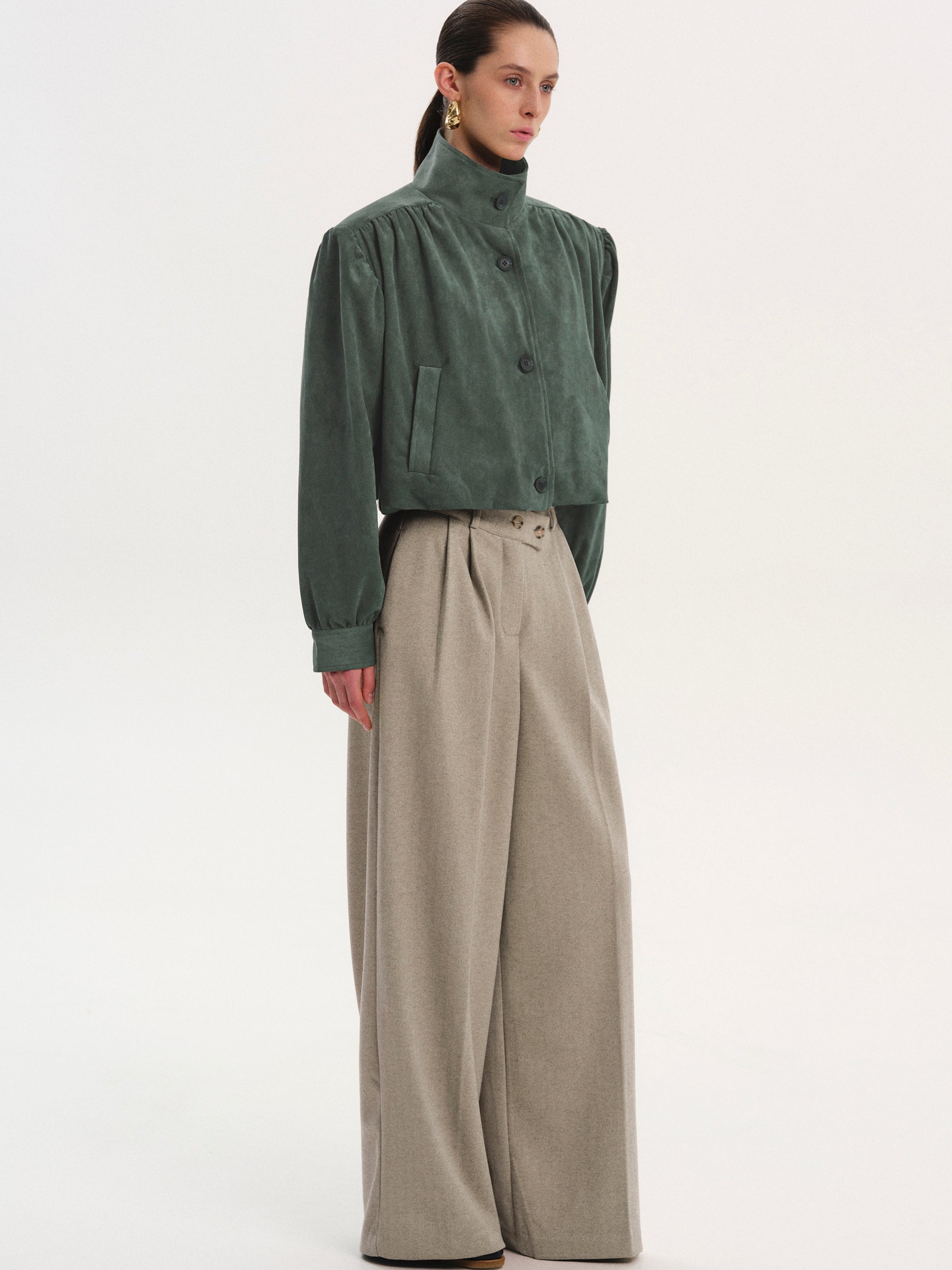 Ruched Suede Bomber, Taupe Grey