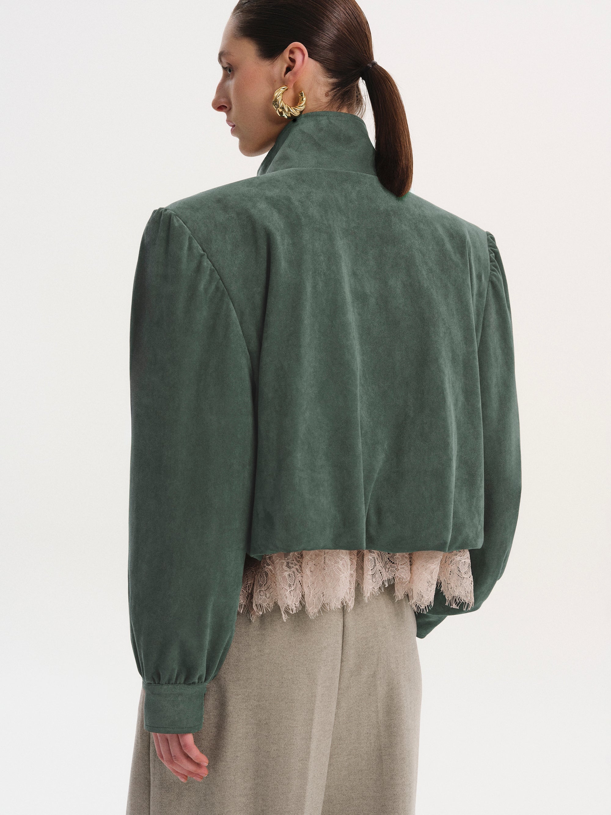 Ruched Suede Bomber, Taupe Grey