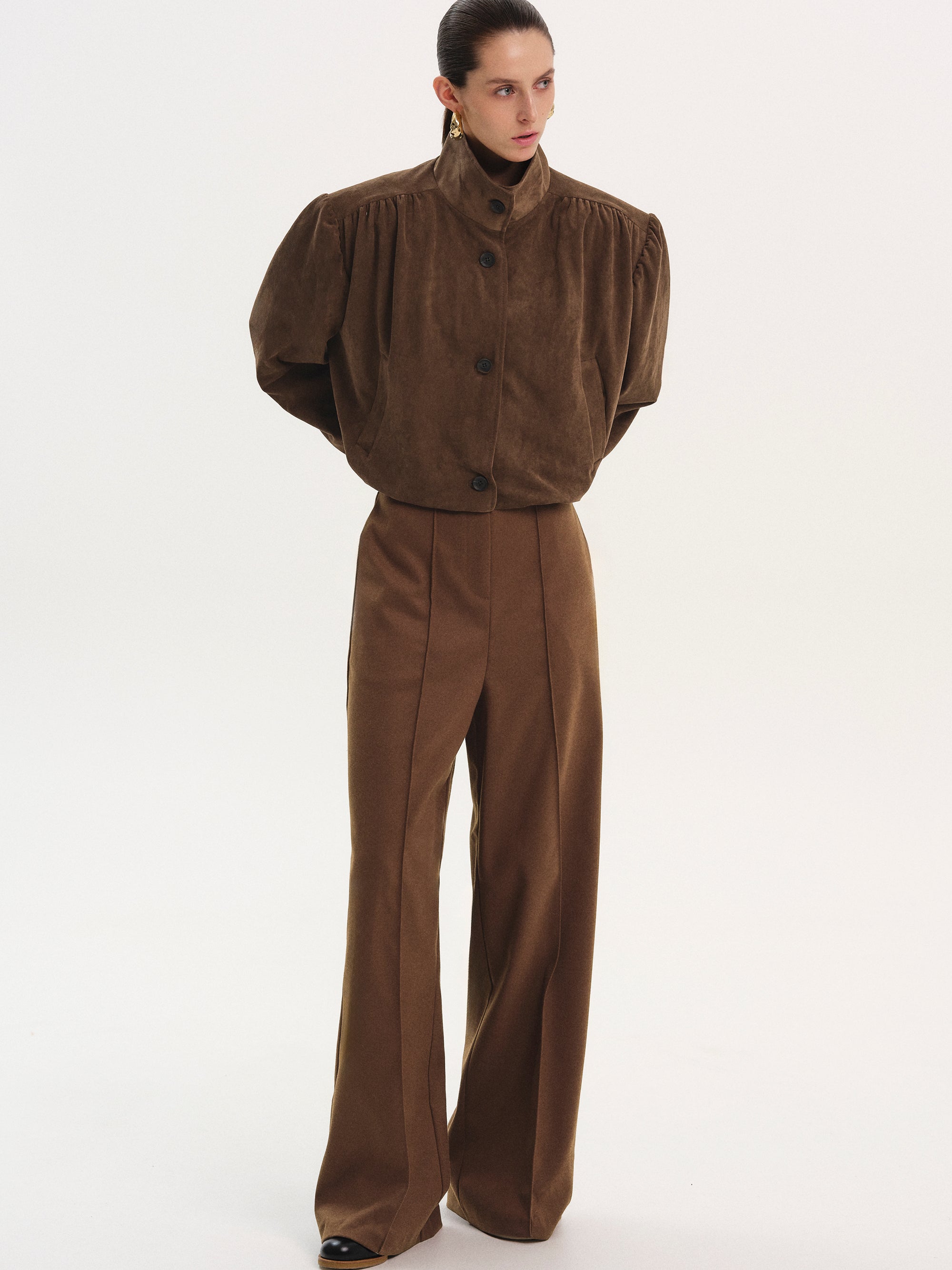 Ruched Suede Bomber, Burnt Umber