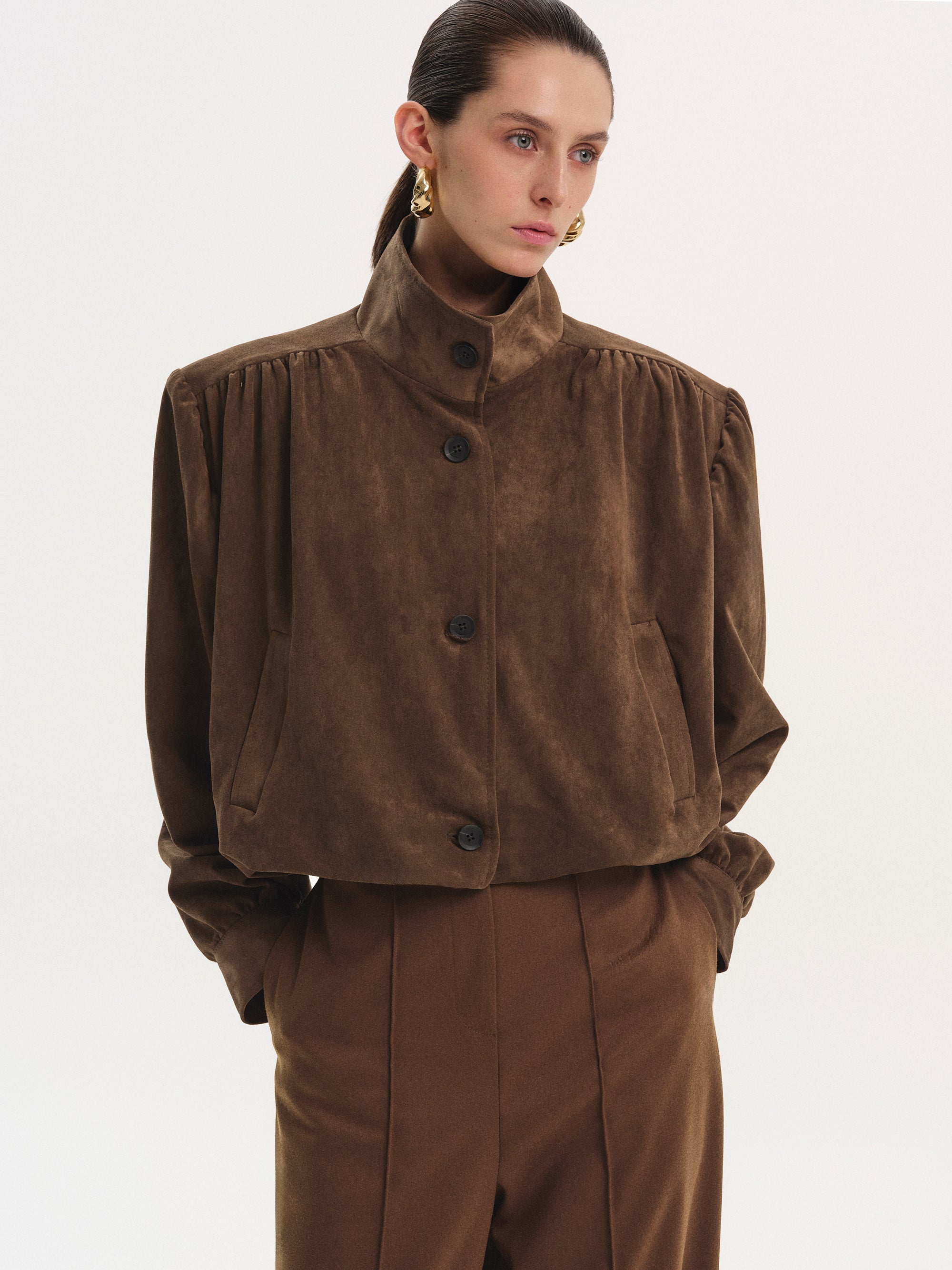 Ruched Suede Bomber, Burnt Umber