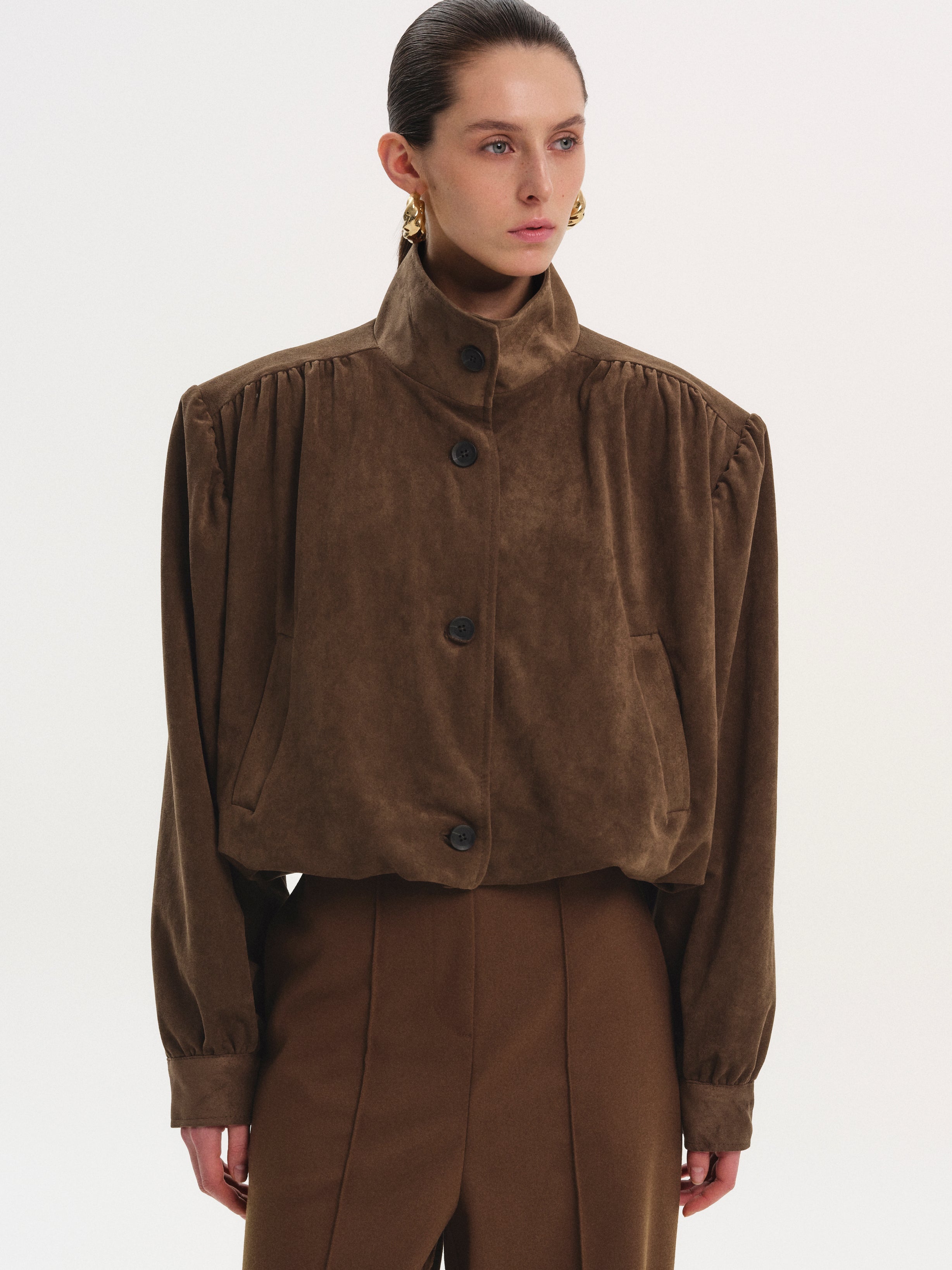 Ruched Suede Bomber, Burnt Umber