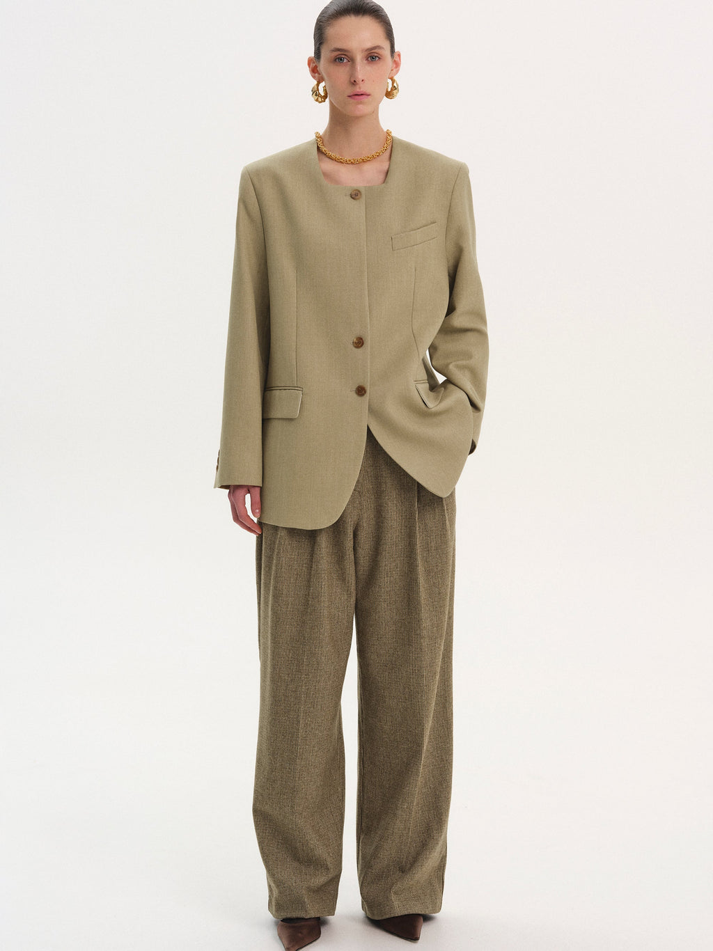 Square Neck Single Blazer, Teak