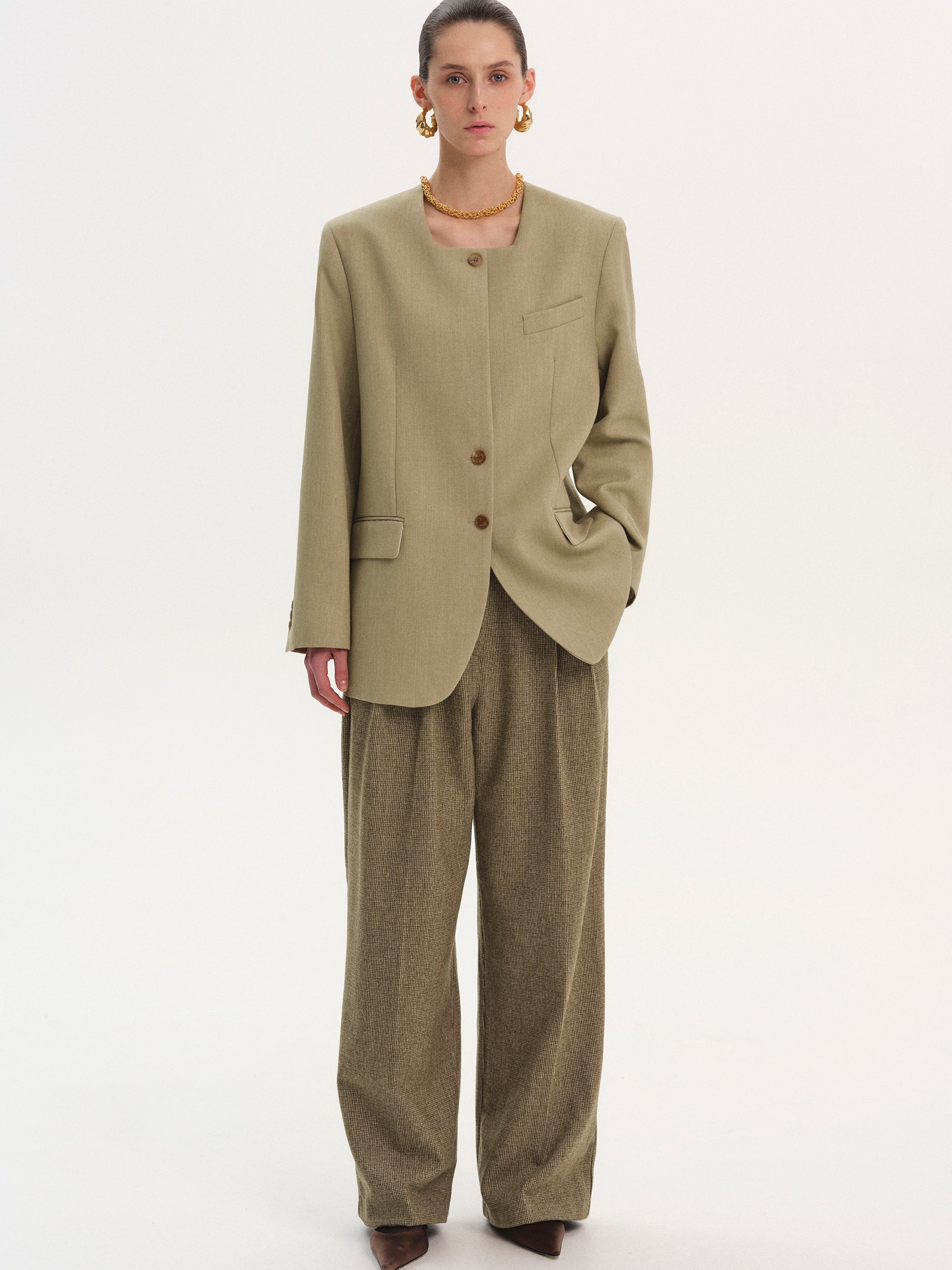 Square Neck Single Blazer, Teak
