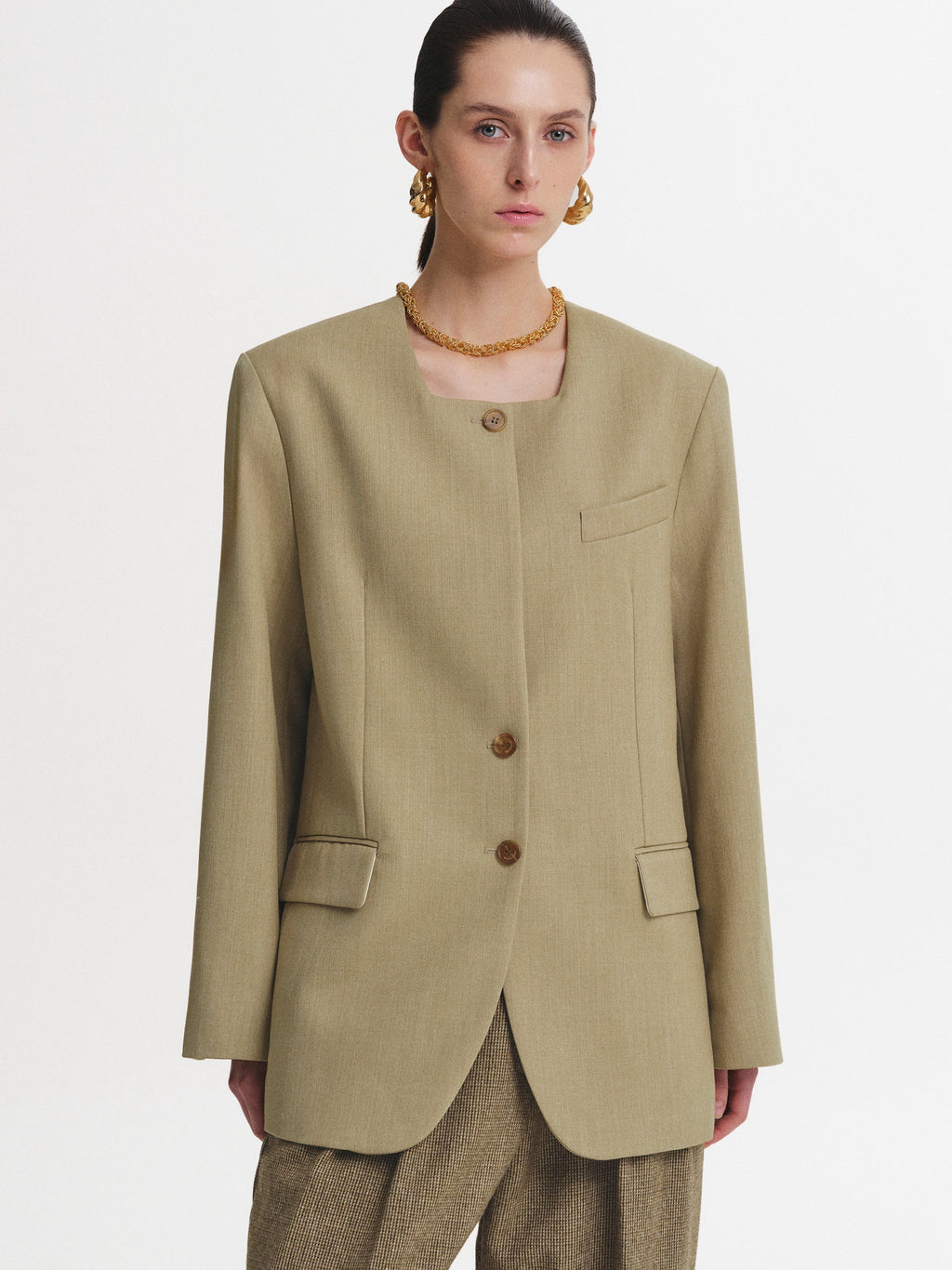 Square Neck Single Blazer, Teak