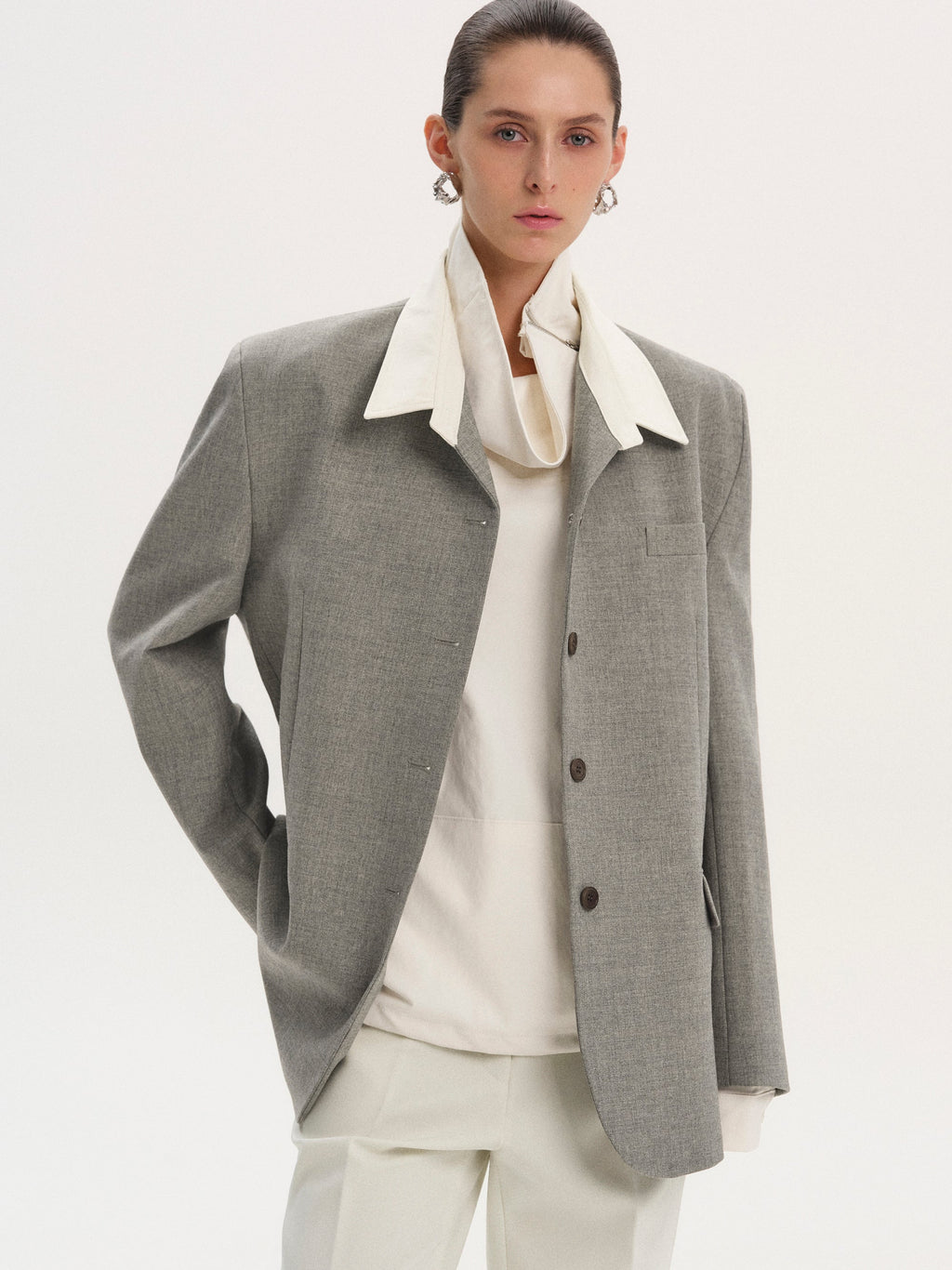 Shirt Collar Blazer, Grey Melange