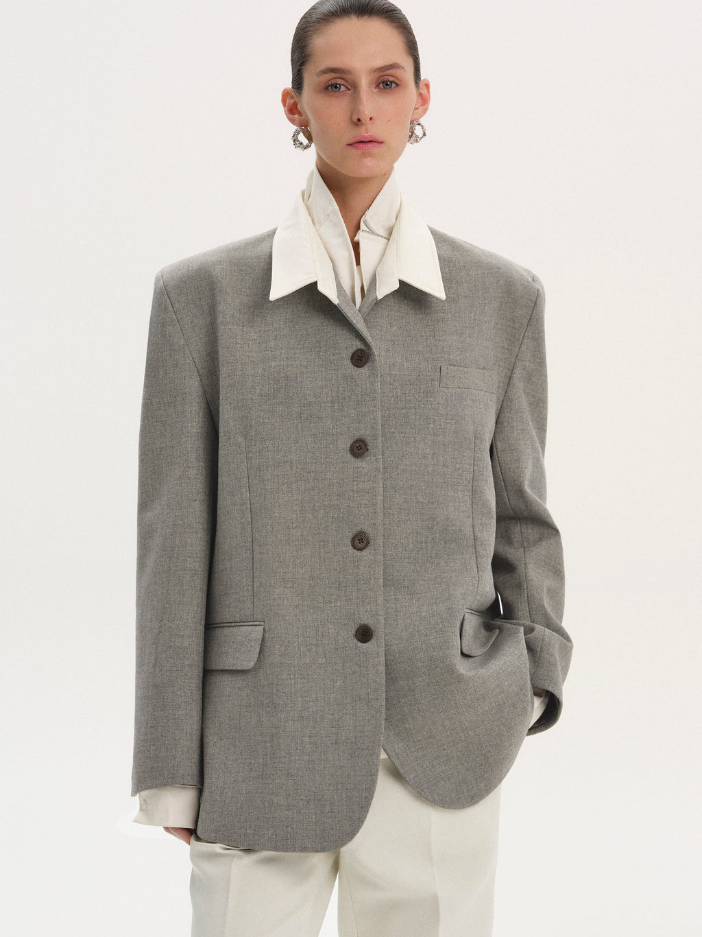Shirt Collar Blazer, Grey Melange