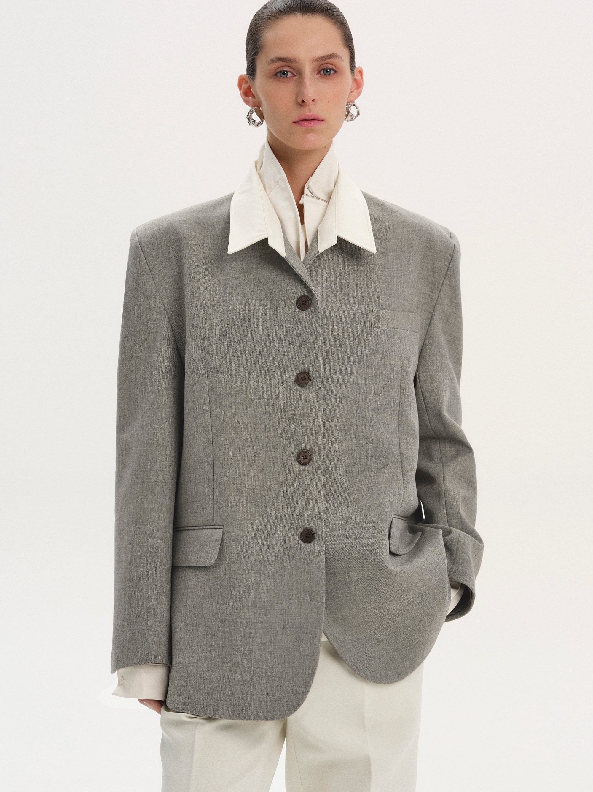 Shirt Collar Blazer, Grey Melange