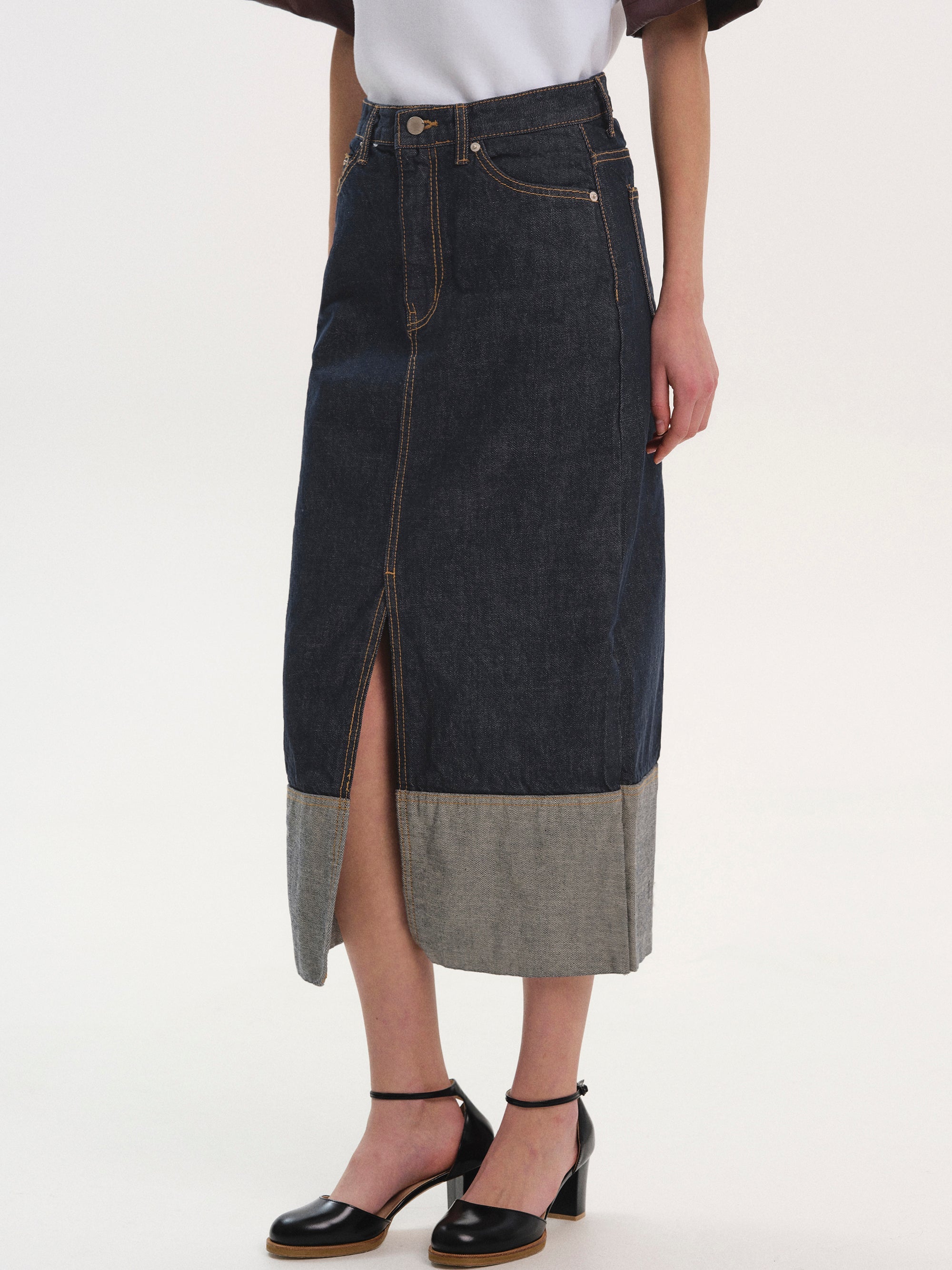Rolled Cuff Denim Skirt, Indigo