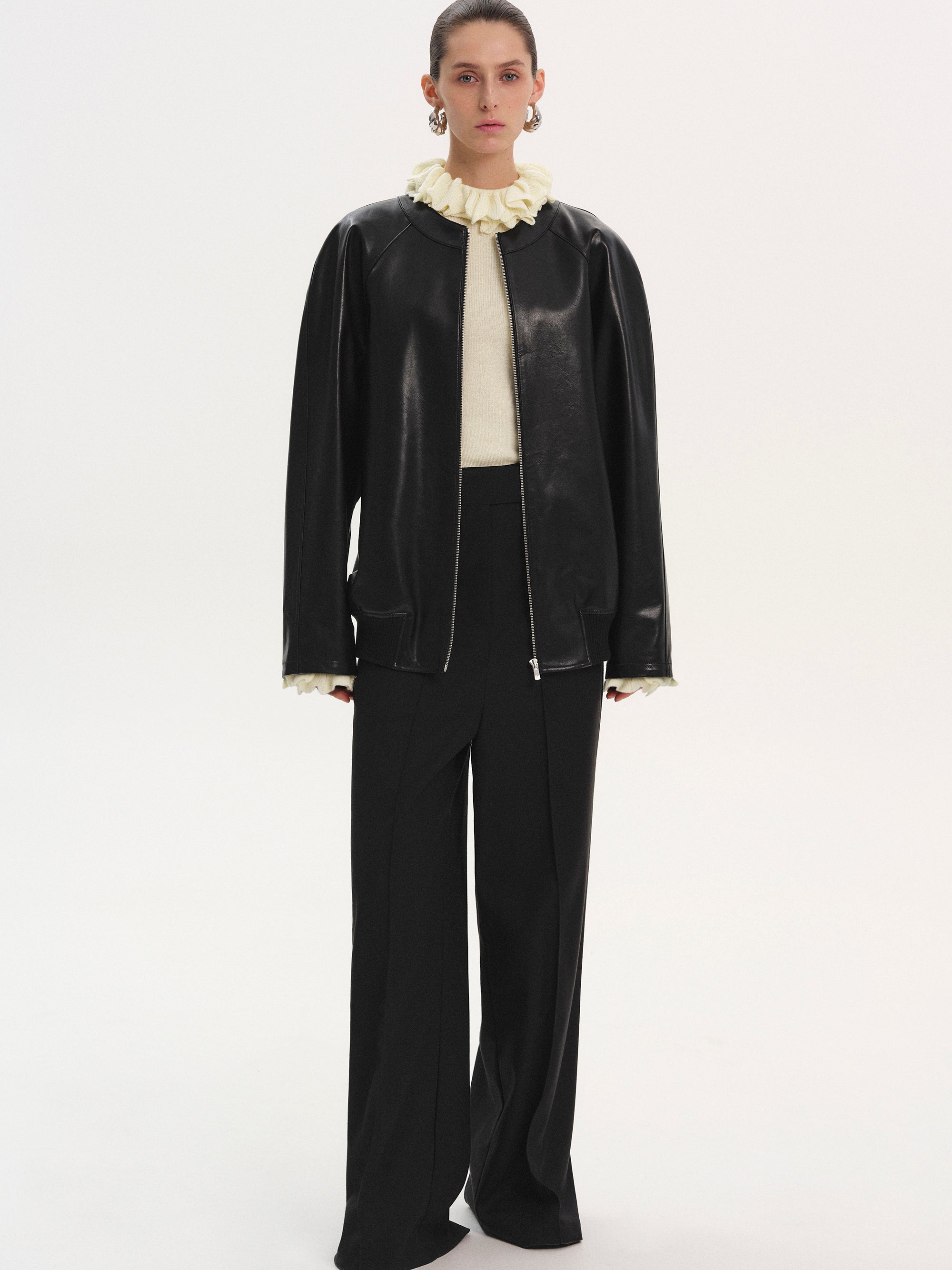 Faux-Leather Zip Jacket, Black
