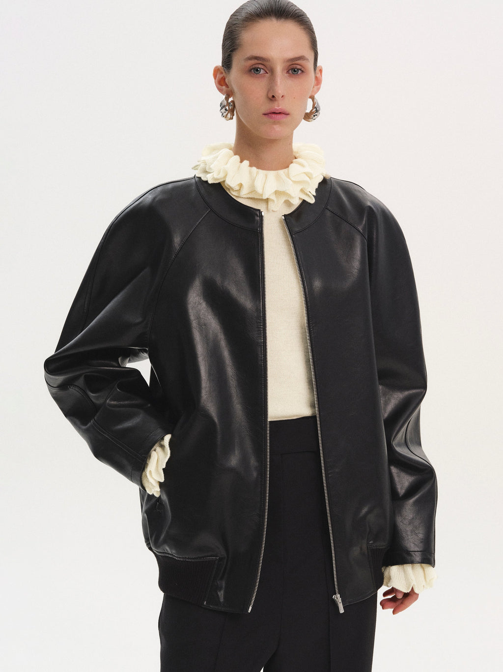 Faux-Leather Zip Jacket, Black