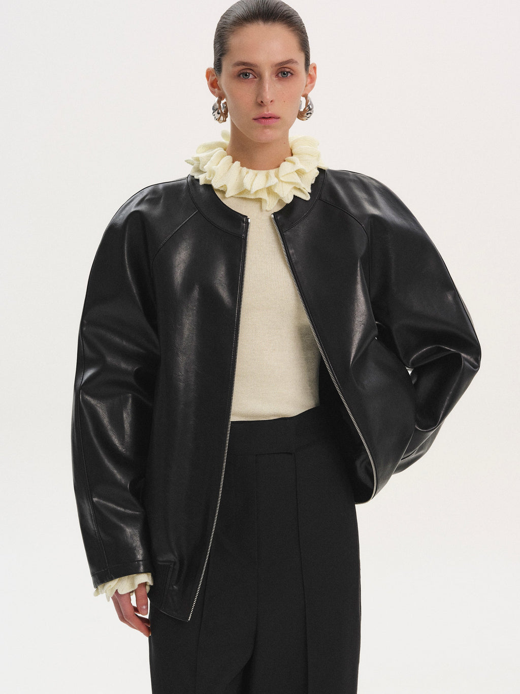 Faux-Leather Zip Jacket, Black