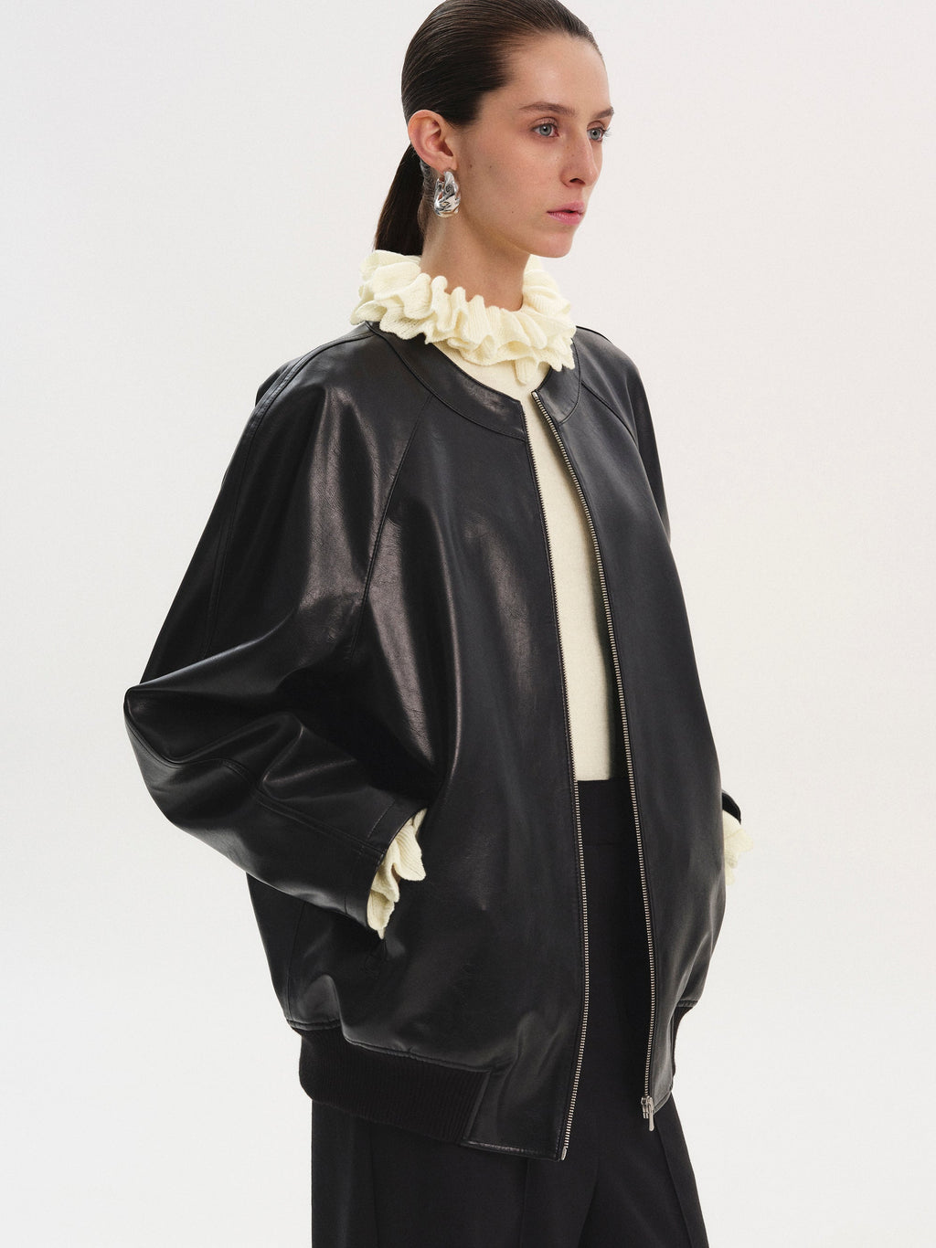Faux-Leather Zip Jacket, Black