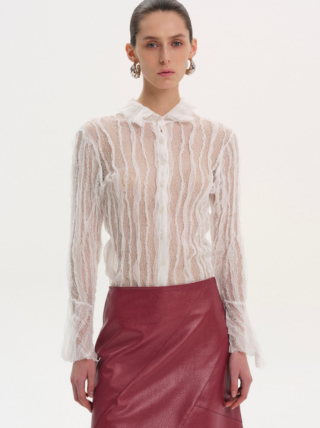 Sheer Lace Frill Shirt, White