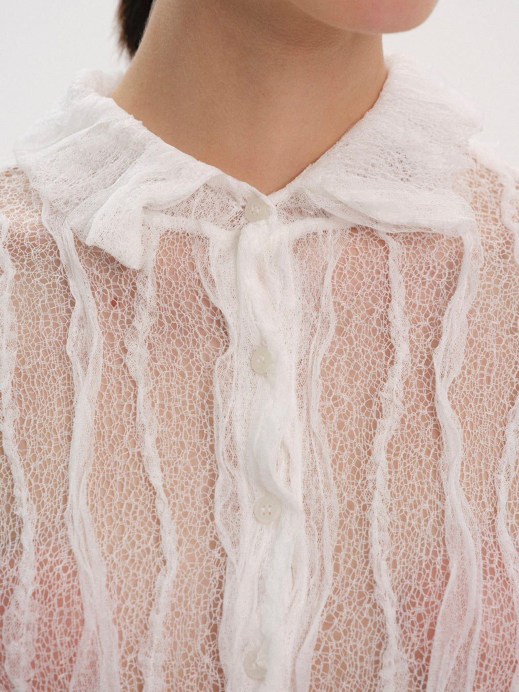 Sheer Lace Frill Shirt, White