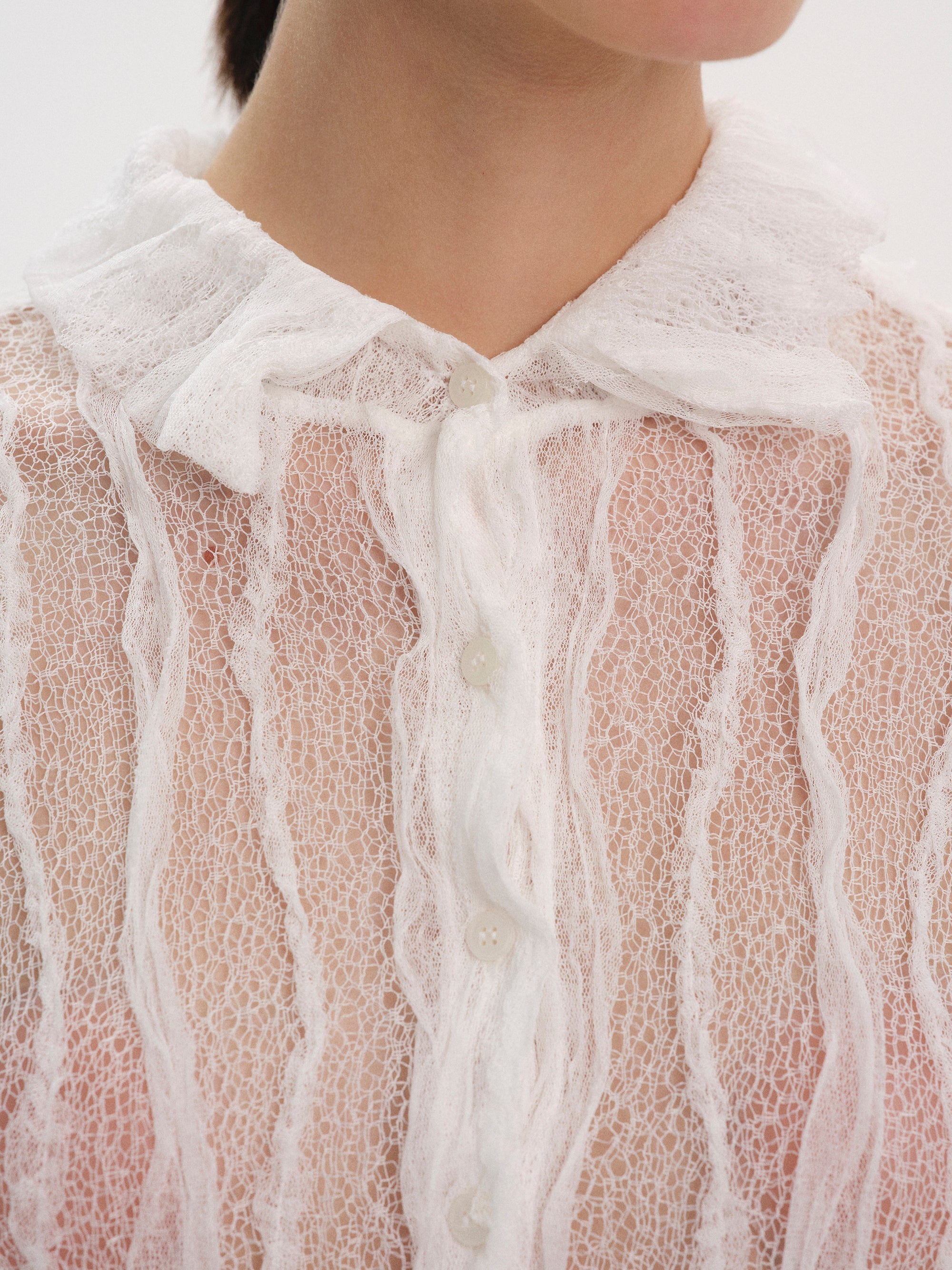 Sheer Lace Frill Shirt, White