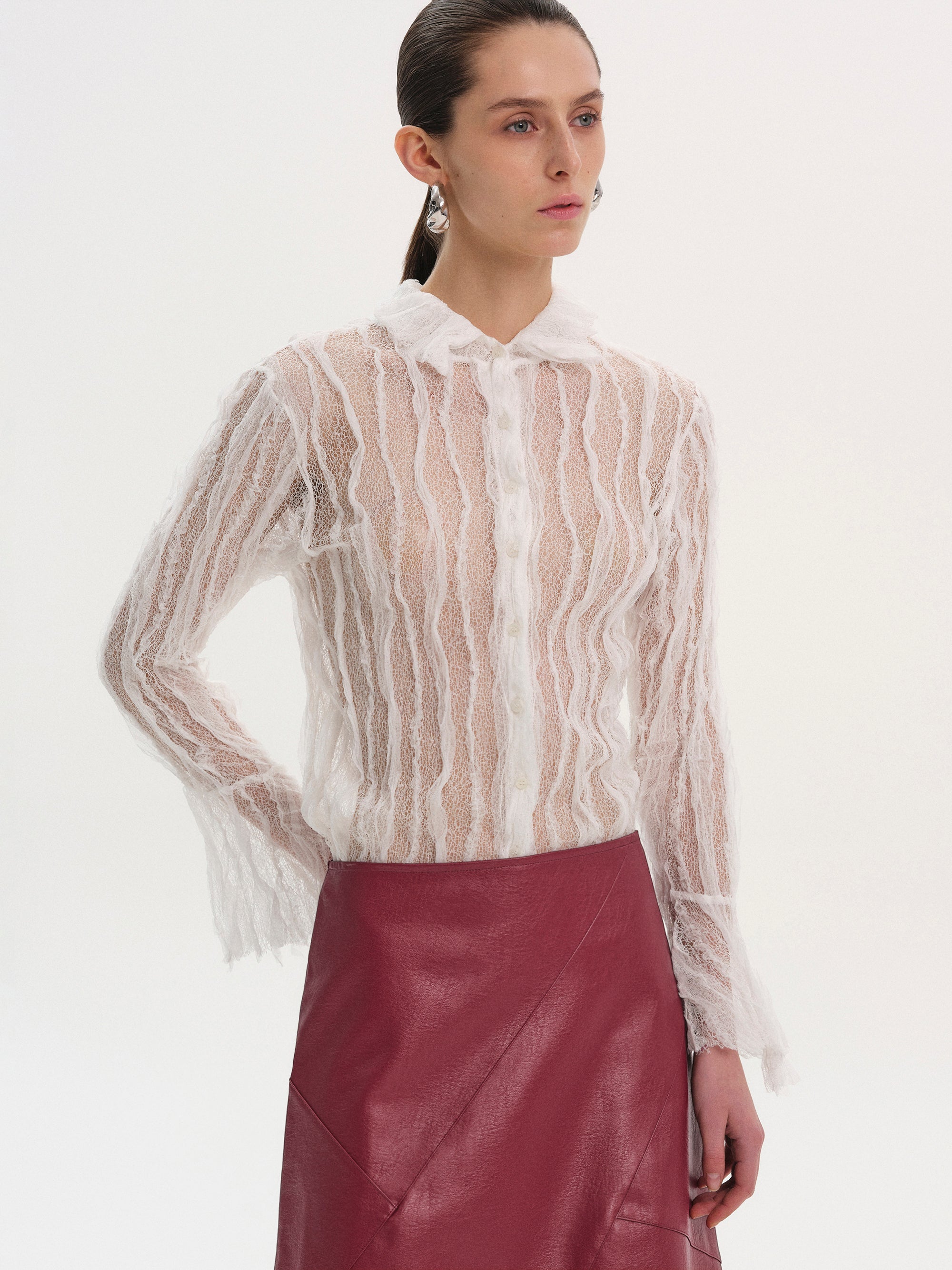 Sheer Lace Frill Shirt, White