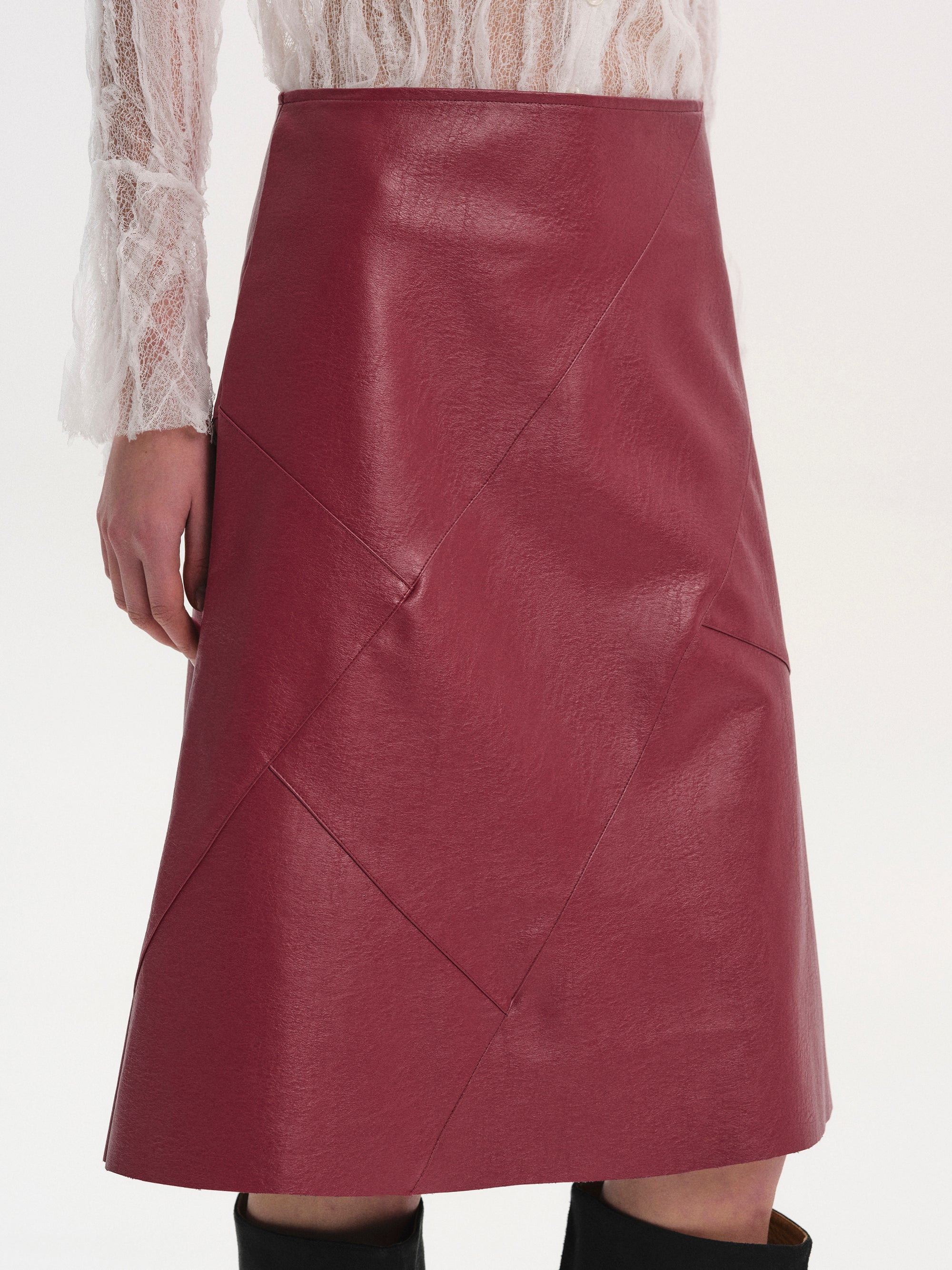 Paneled Faux-Leather Skirt, Red