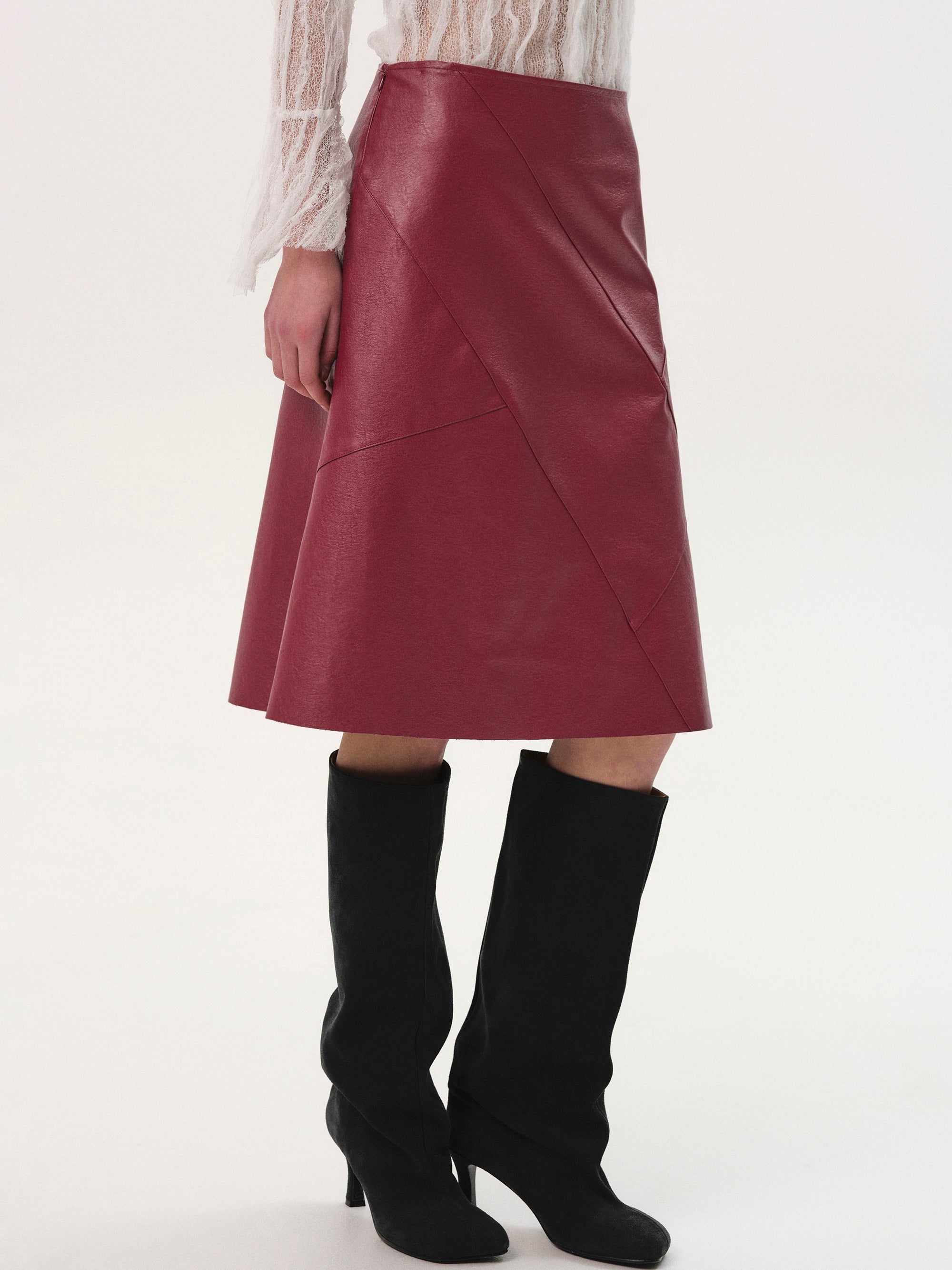 Paneled Faux-Leather Skirt, Red