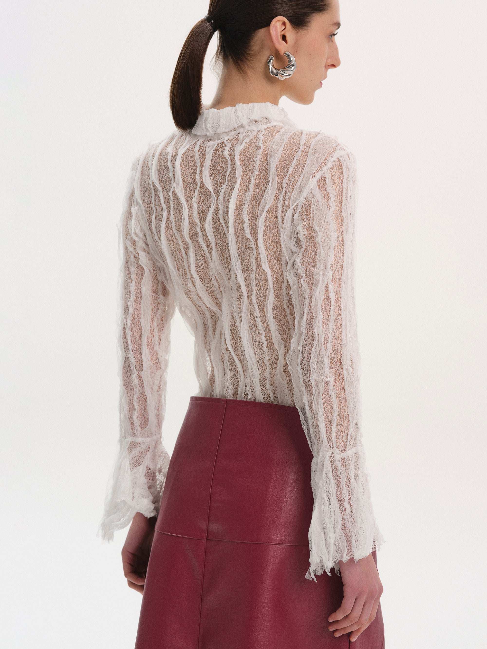 Sheer Lace Frill Shirt, White