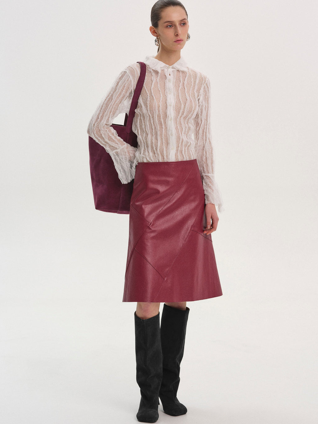 Paneled Faux-Leather Skirt, Red