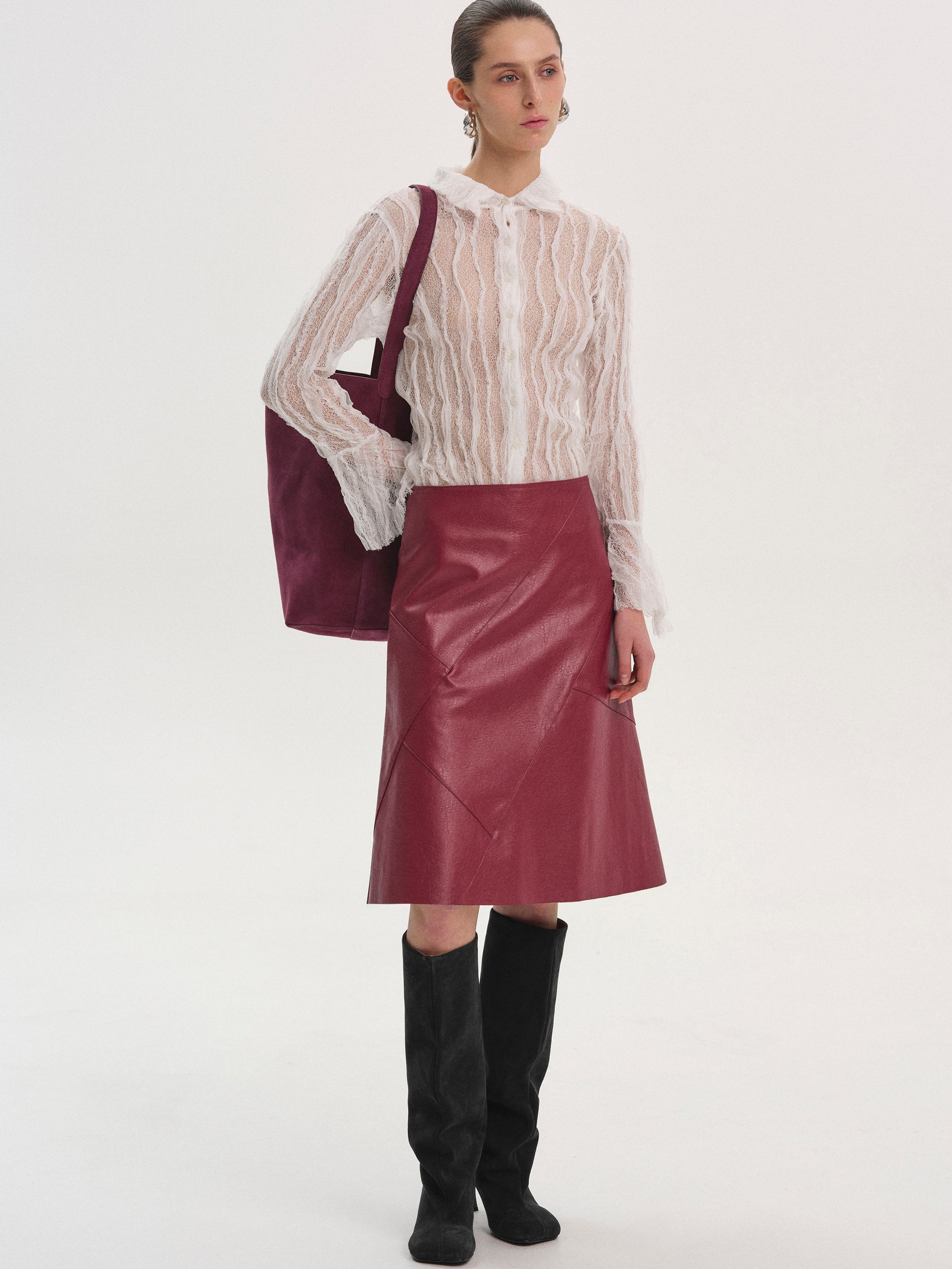 Paneled Faux-Leather Skirt, Red